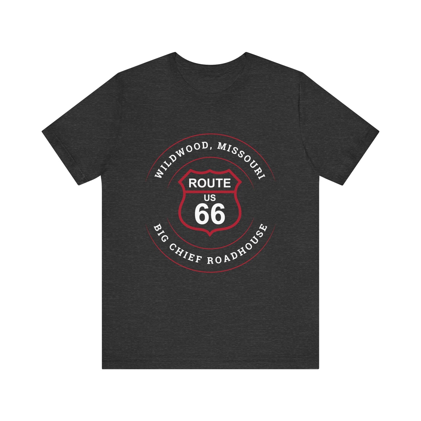 Dark grey heather retro Route 66 unisex jersey tee with Wildwood, MO: "Big Chief Roadhouse" design