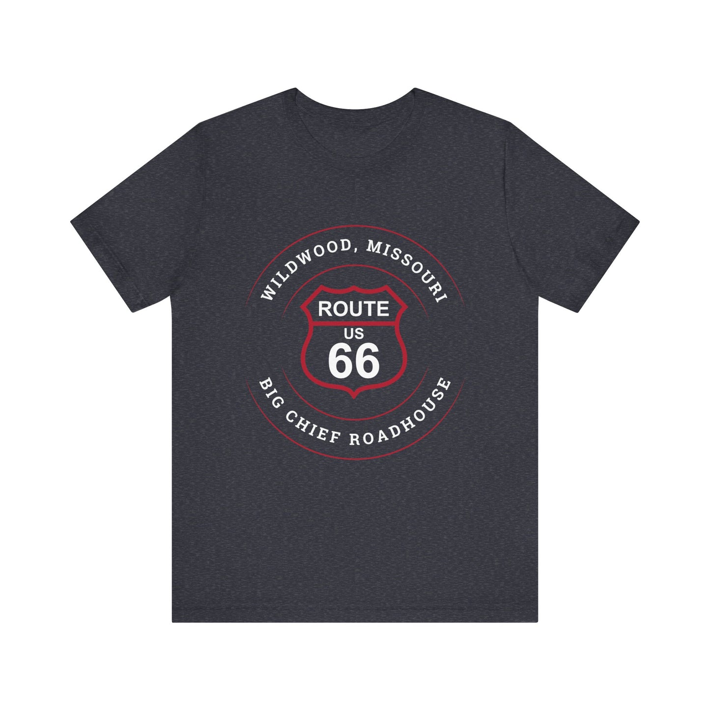Heather navy retro Route 66 unisex jersey tee with Wildwood, MO: "Big Chief Roadhouse" design