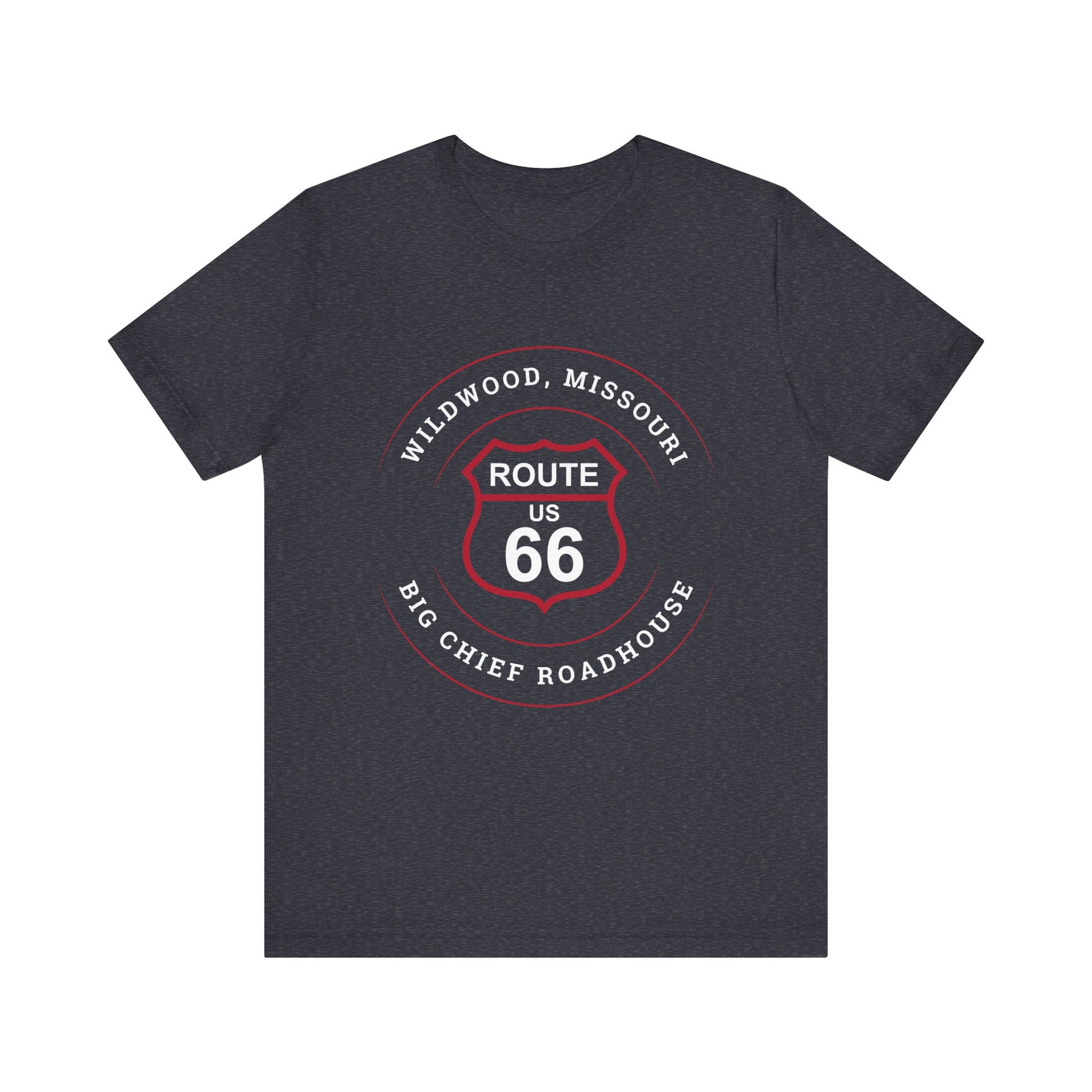Heather navy retro Route 66 unisex jersey tee with Wildwood, MO: "Big Chief Roadhouse" design