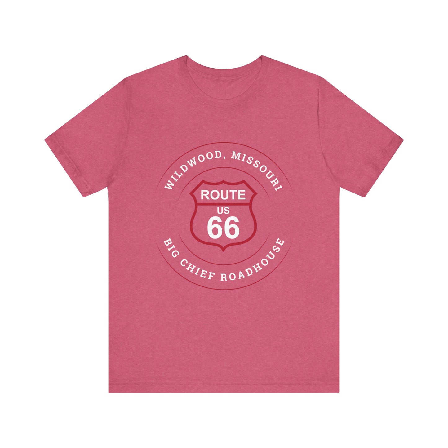 Heather raspberry retro Route 66 unisex jersey tee with Wildwood, MO: "Big Chief Roadhouse" design