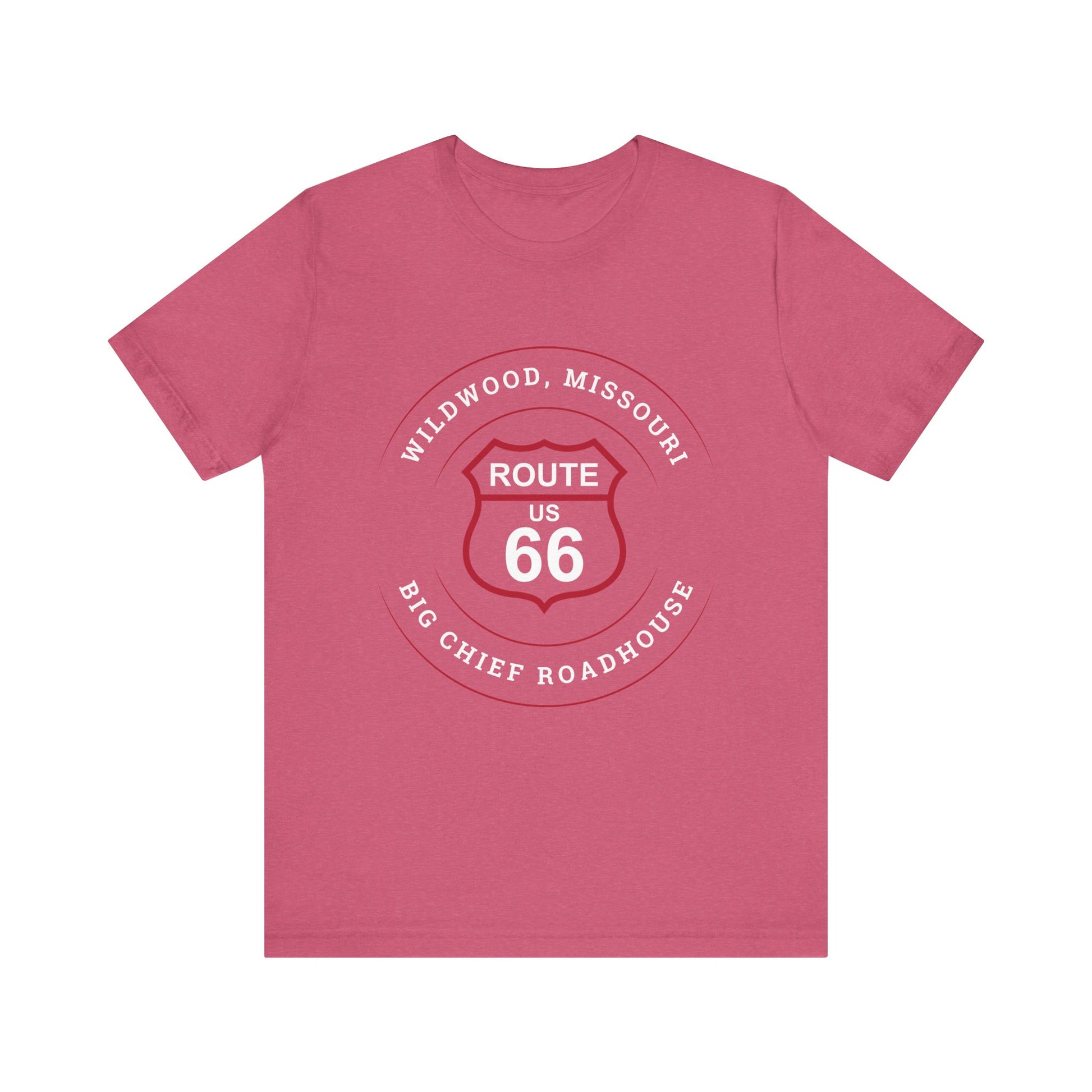 Heather raspberry retro Route 66 unisex jersey tee with Wildwood, MO: "Big Chief Roadhouse" design