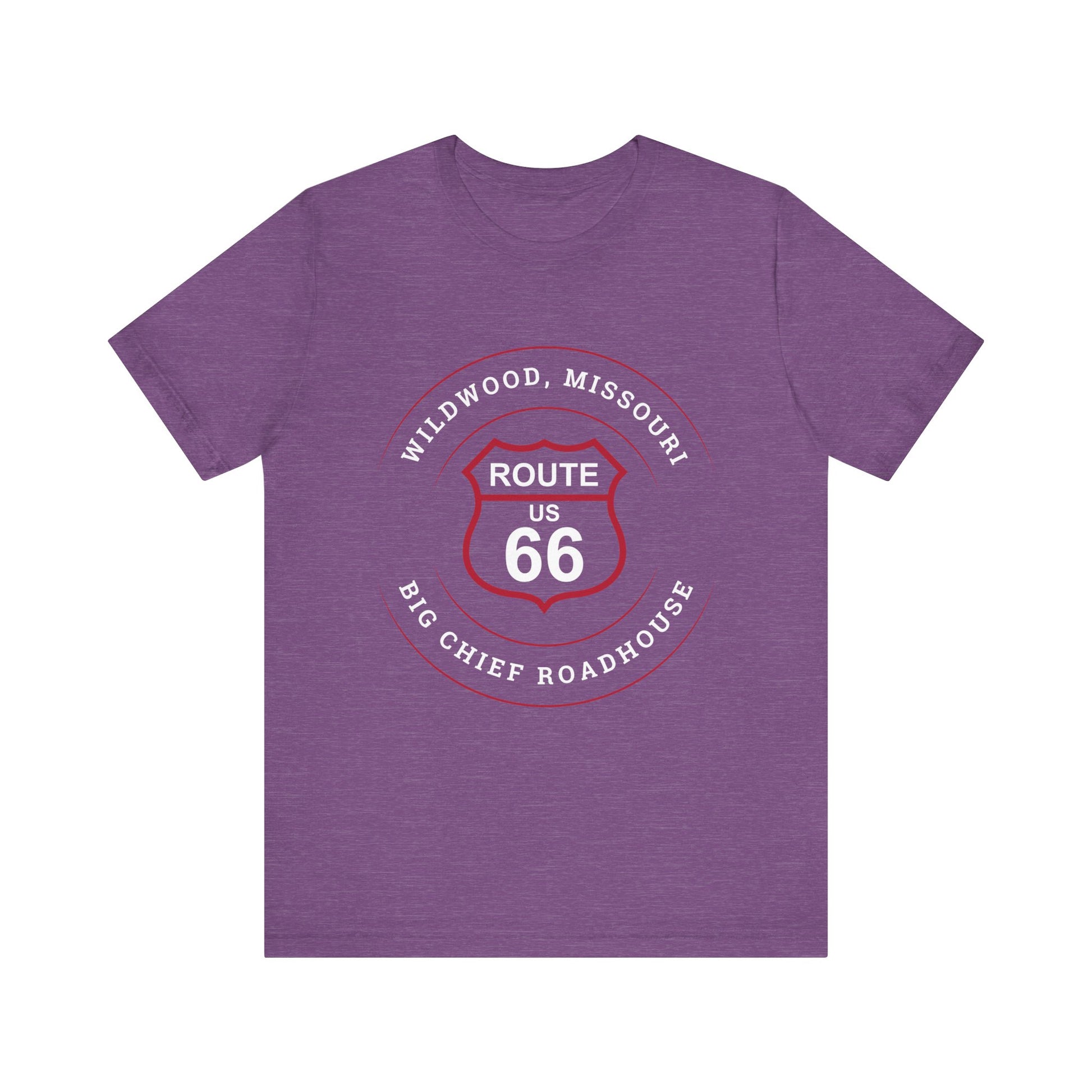 Heather team purple retro Route 66 unisex jersey tee with Wildwood, MO: "Big Chief Roadhouse" design