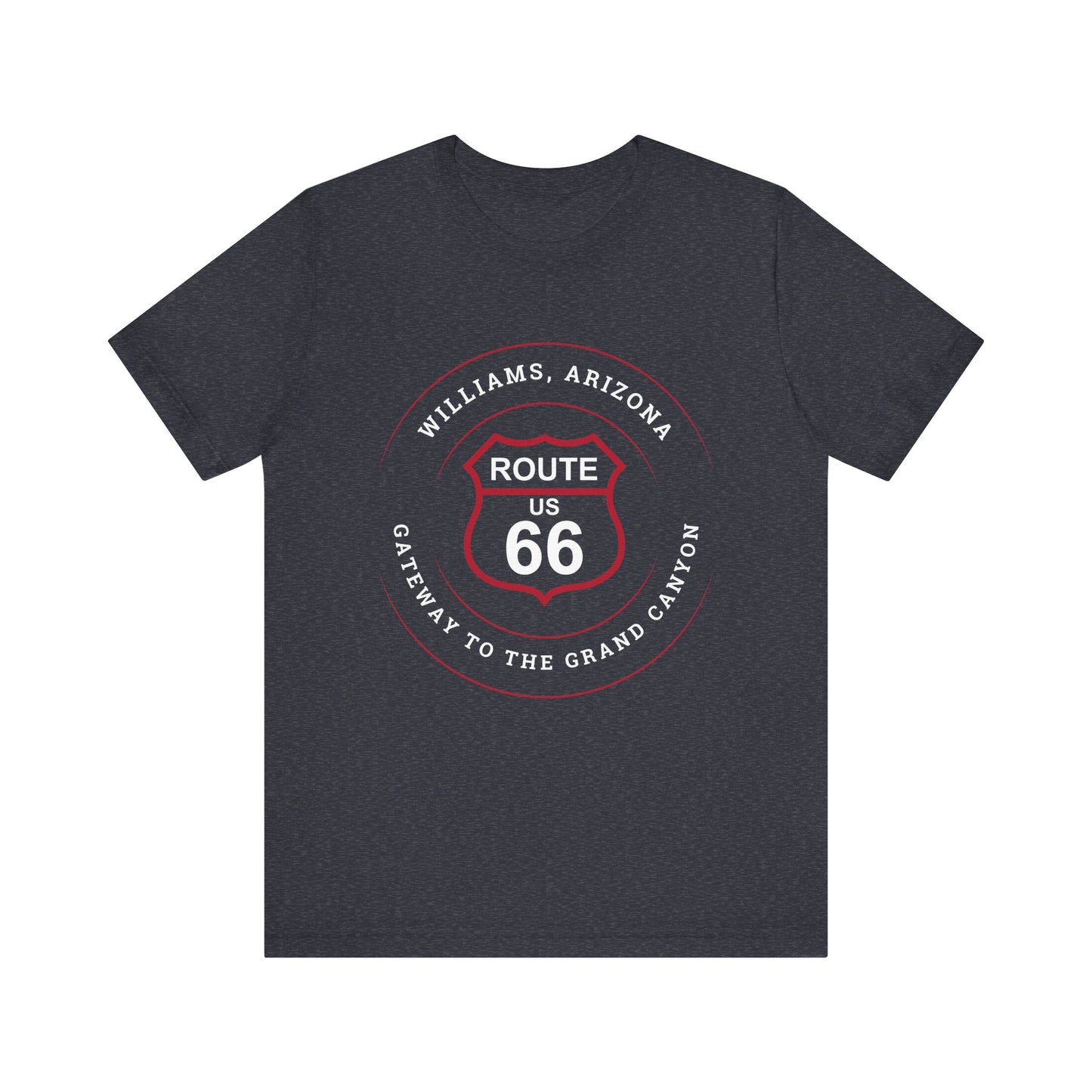 Heather navy retro Route 66 unisex jersey tee with Williams, AZ: "Gateway to the Grand Canyon" design