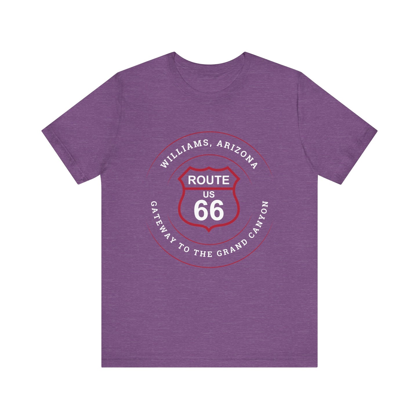 Heather team purple retro Route 66 unisex jersey tee with Williams, AZ: "Gateway to the Grand Canyon" design