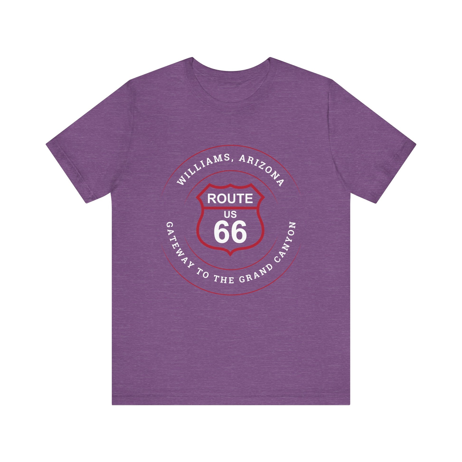 Heather team purple retro Route 66 unisex jersey tee with Williams, AZ: "Gateway to the Grand Canyon" design