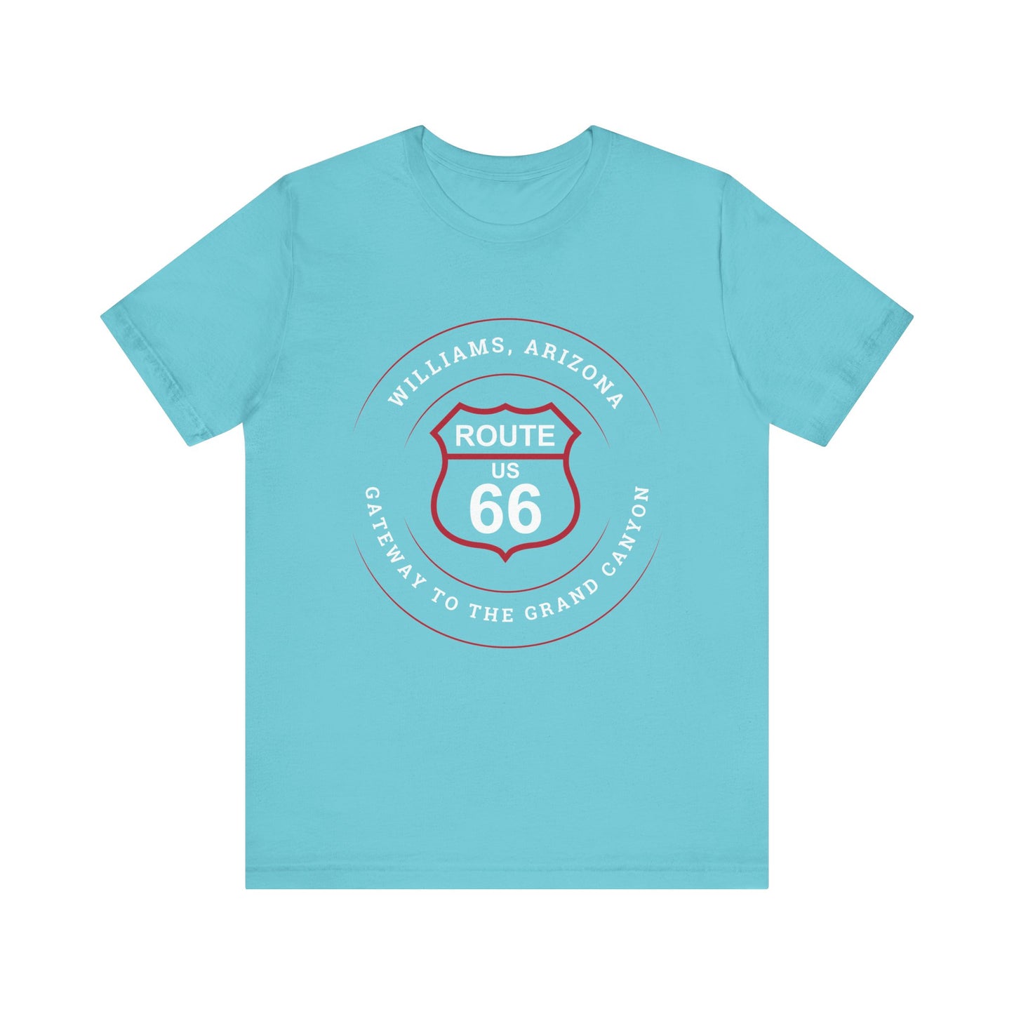 Turquoise retro Route 66 unisex jersey tee with Williams, AZ: "Gateway to the Grand Canyon" design