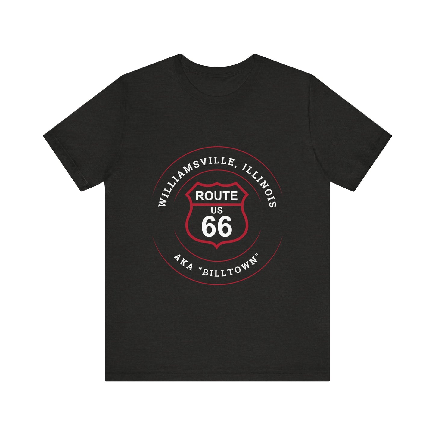 Black heather retro Route 66 unisex jersey tee with Williamsville, IL: "AKA Billtown" design