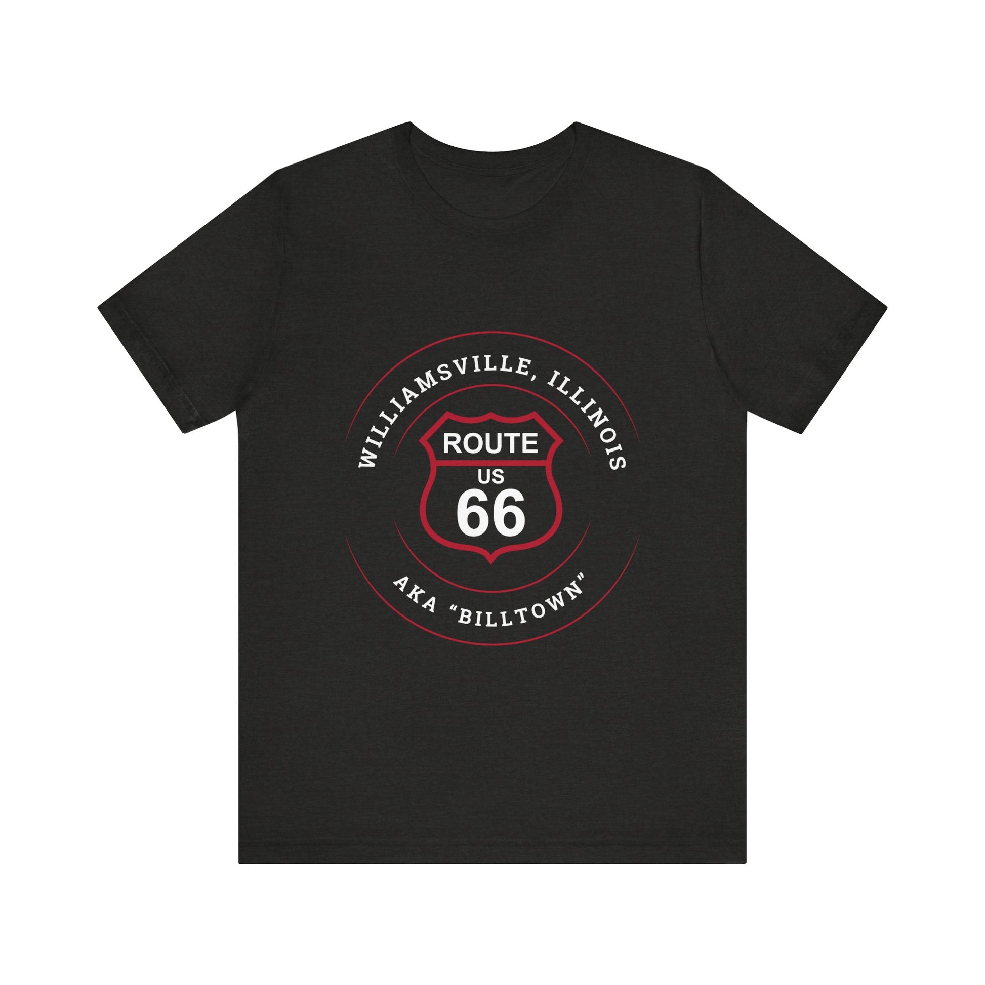 Black heather retro Route 66 unisex jersey tee with Williamsville, IL: "AKA Billtown" design