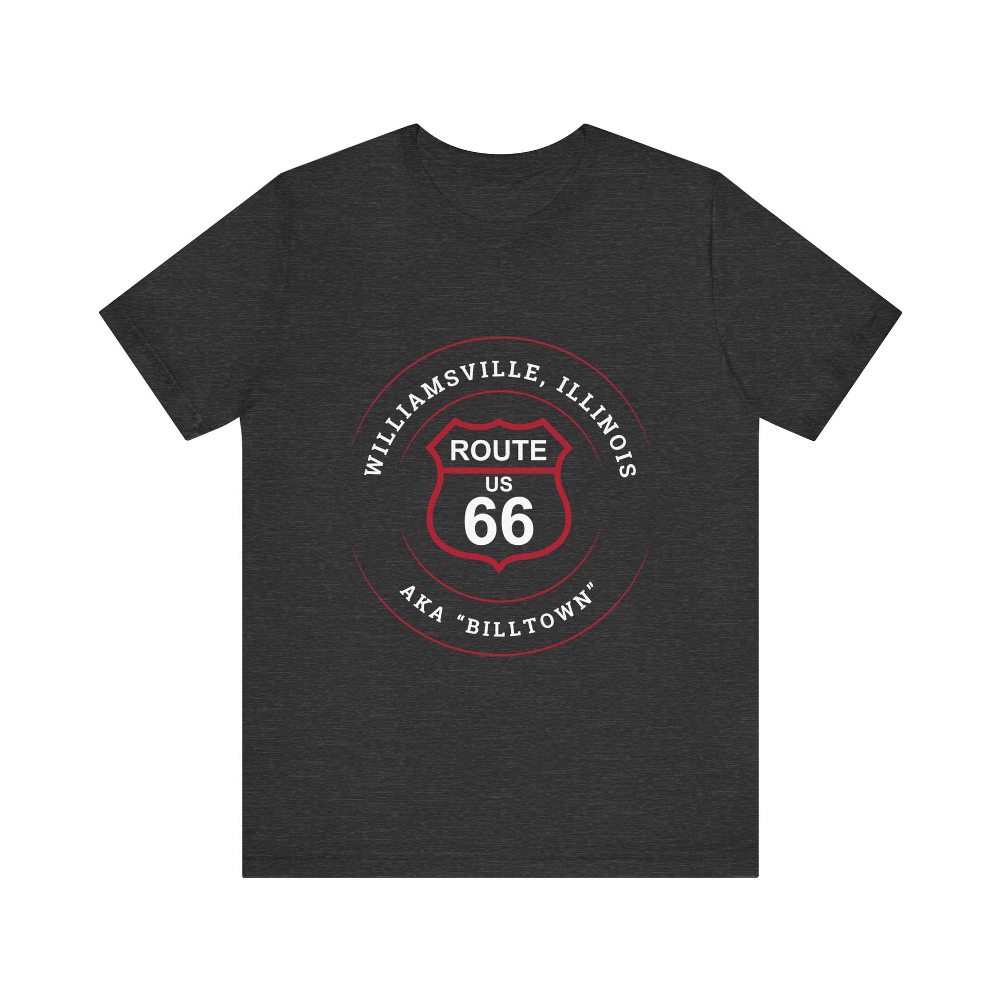 Dark grey heather retro Route 66 unisex jersey tee with Williamsville, IL: "AKA Billtown" design