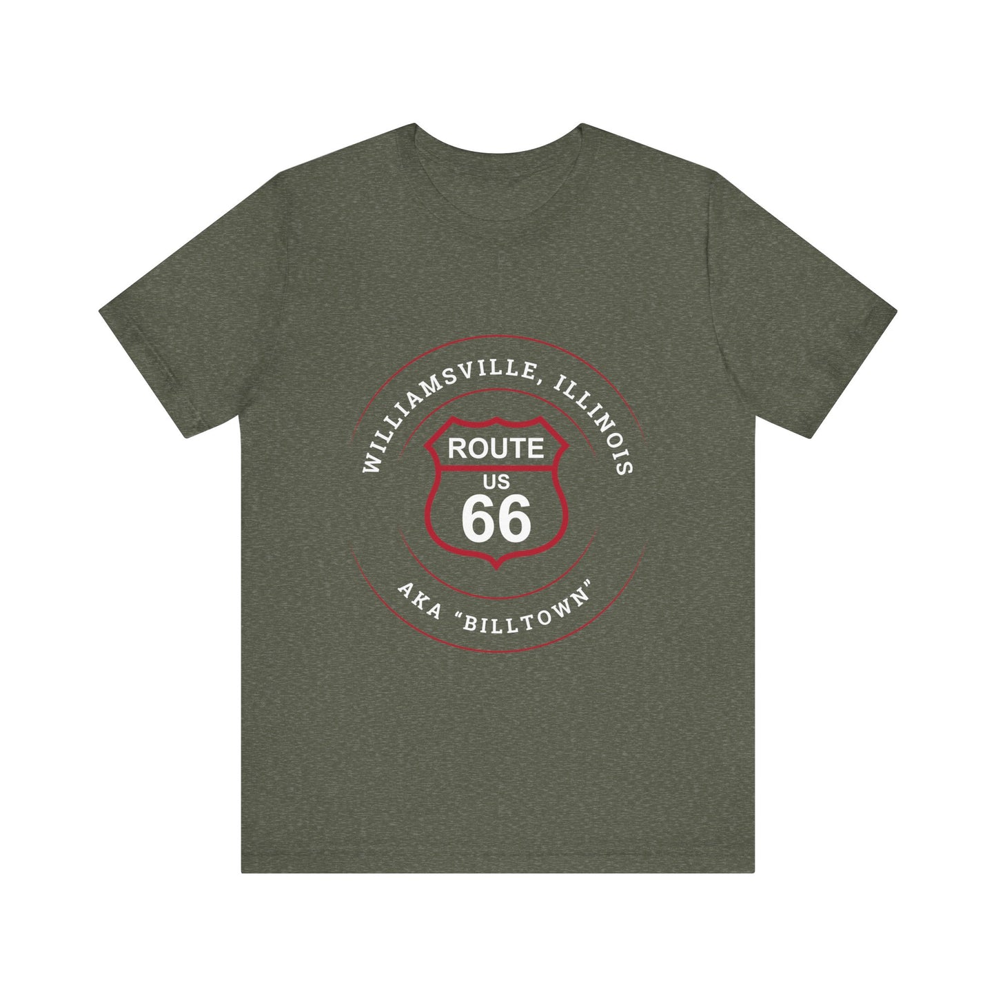 Heather military green retro Route 66 unisex jersey tee with Williamsville, IL: "AKA Billtown" design