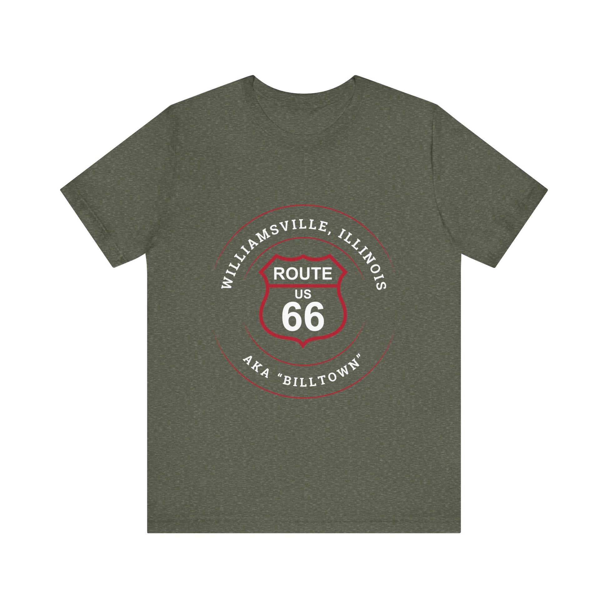 Heather military green retro Route 66 unisex jersey tee with Williamsville, IL: "AKA Billtown" design