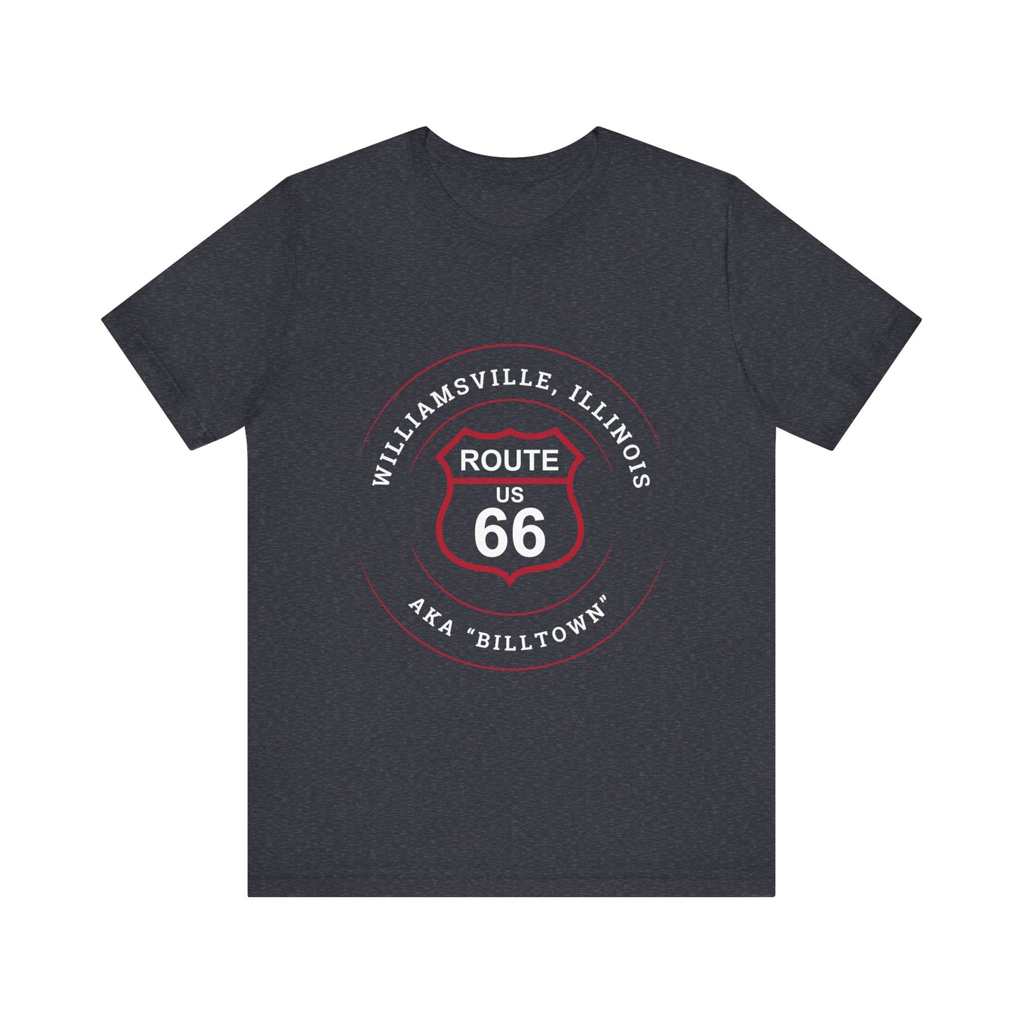 Heather navy retro Route 66 unisex jersey tee with Williamsville, IL: "AKA Billtown" design