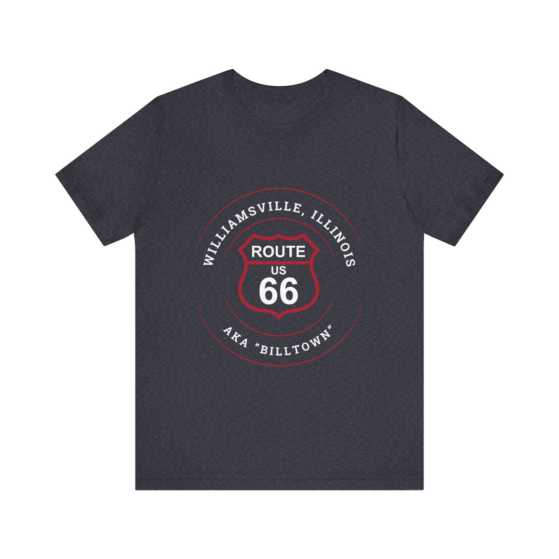 Heather navy retro Route 66 unisex jersey tee with Williamsville, IL: "AKA Billtown" design