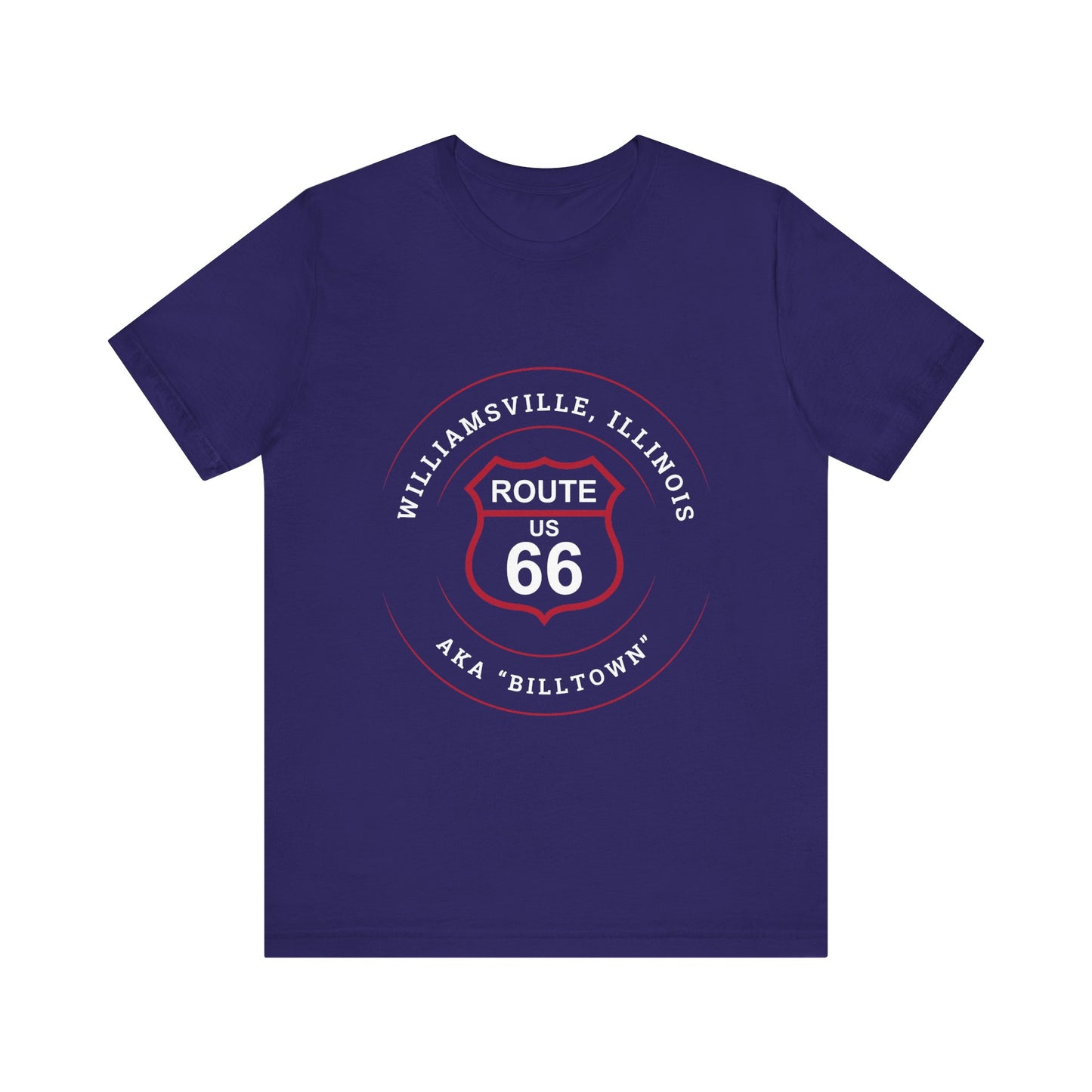 Team navy retro Route 66 unisex jersey tee with Williamsville, IL: "AKA Billtown" design