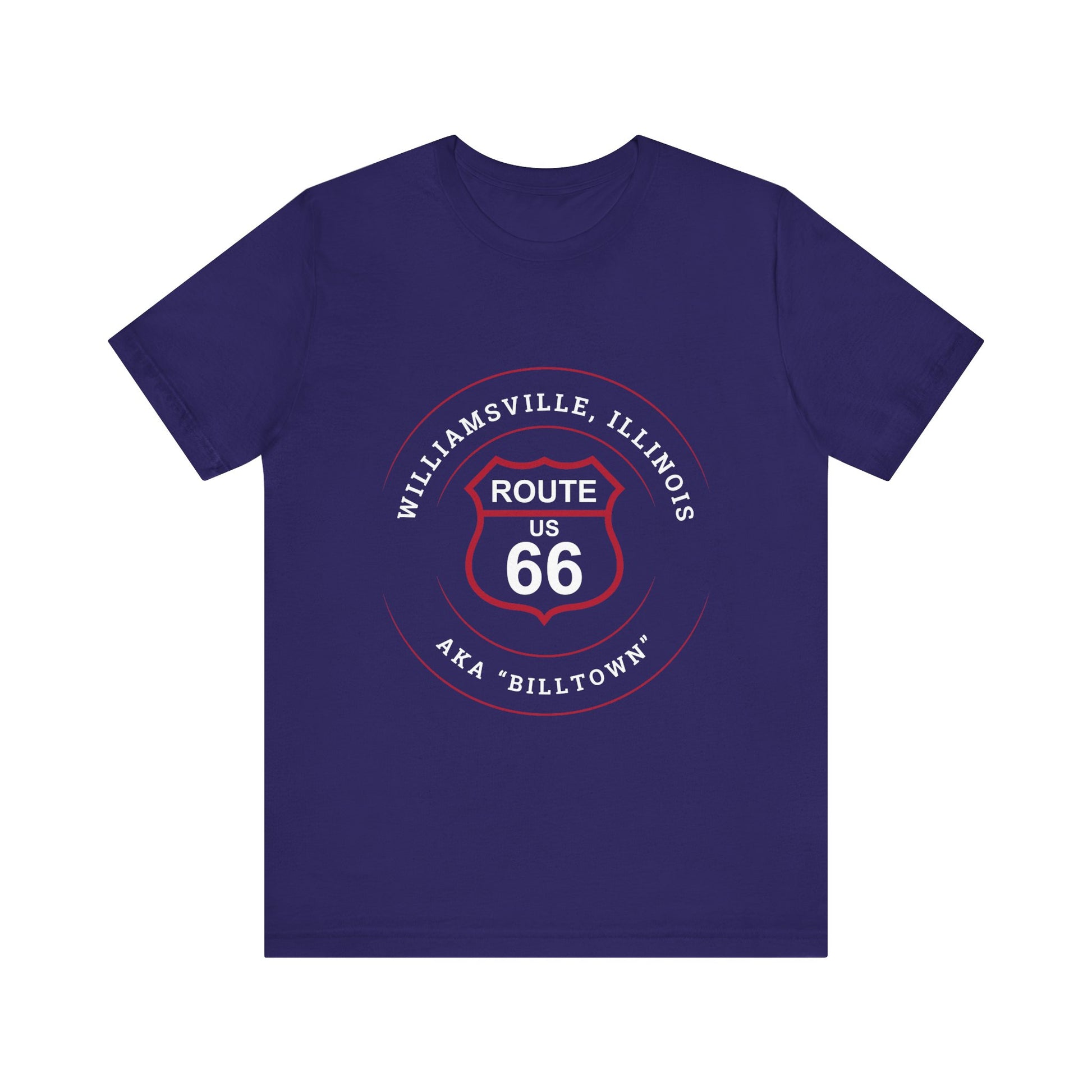 Team navy retro Route 66 unisex jersey tee with Williamsville, IL: "AKA Billtown" design
