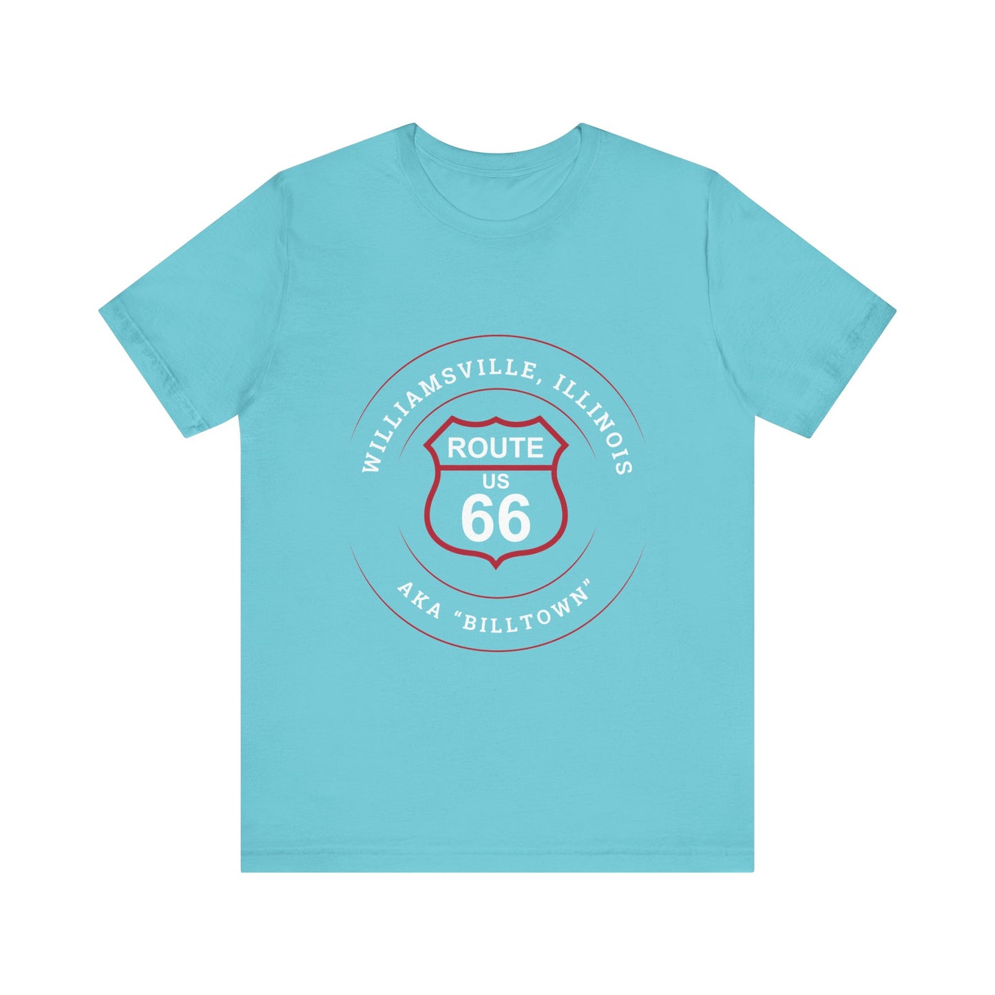Turquoise retro Route 66 unisex jersey tee with Williamsville, IL: "AKA Billtown" design
