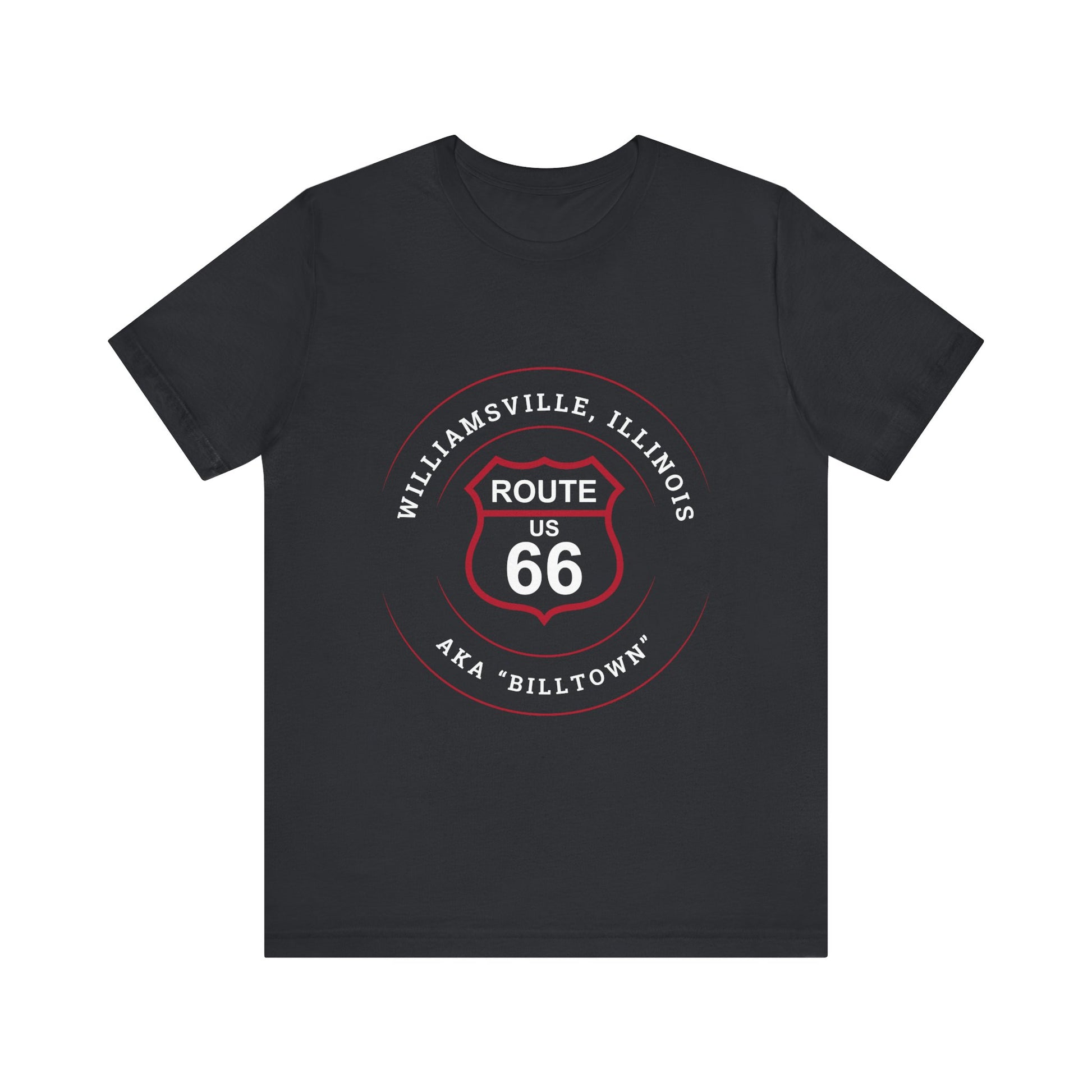 Vintage black retro Route 66 unisex jersey tee with Williamsville, IL: "AKA Billtown" design