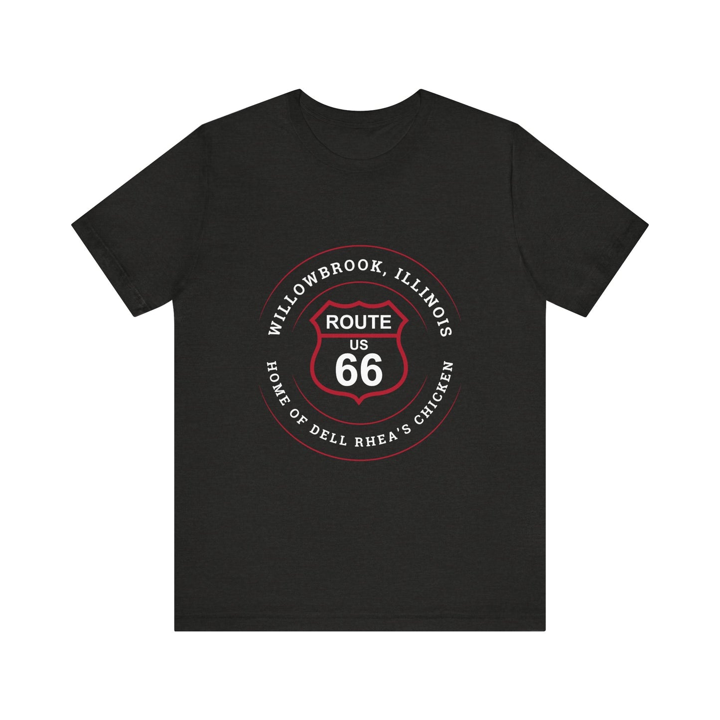 Black heather retro Route 66 unisex jersey tee with Willowbrook, IL: "Home of Dell Rhea's Chicken" design
