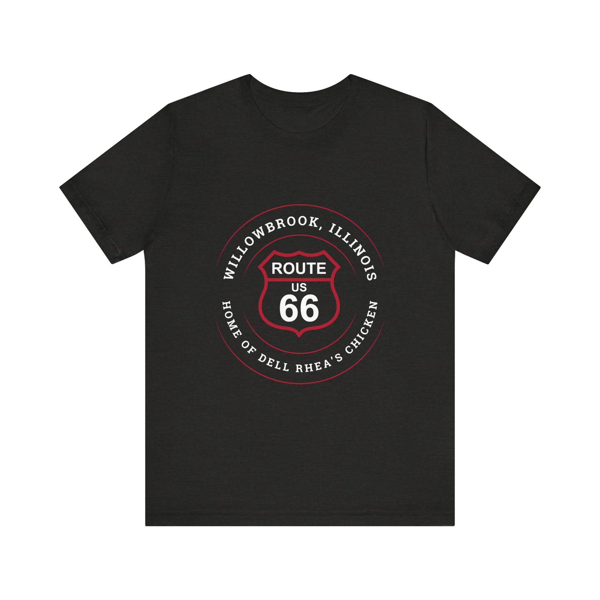 Black heather retro Route 66 unisex jersey tee with Willowbrook, IL: "Home of Dell Rhea's Chicken" design