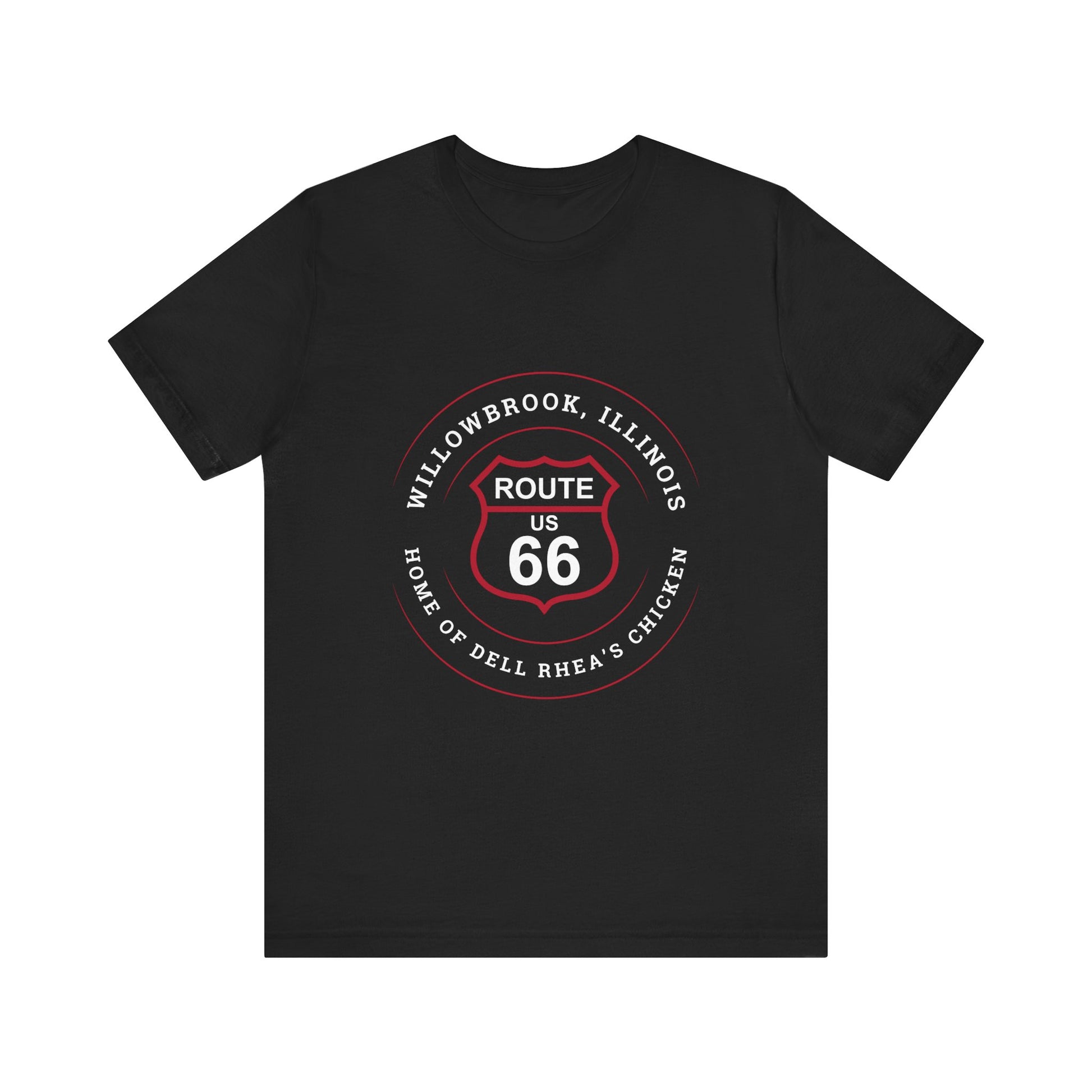 Black retro Route 66 unisex jersey tee with Willowbrook, IL: "Home of Dell Rhea's Chicken" design