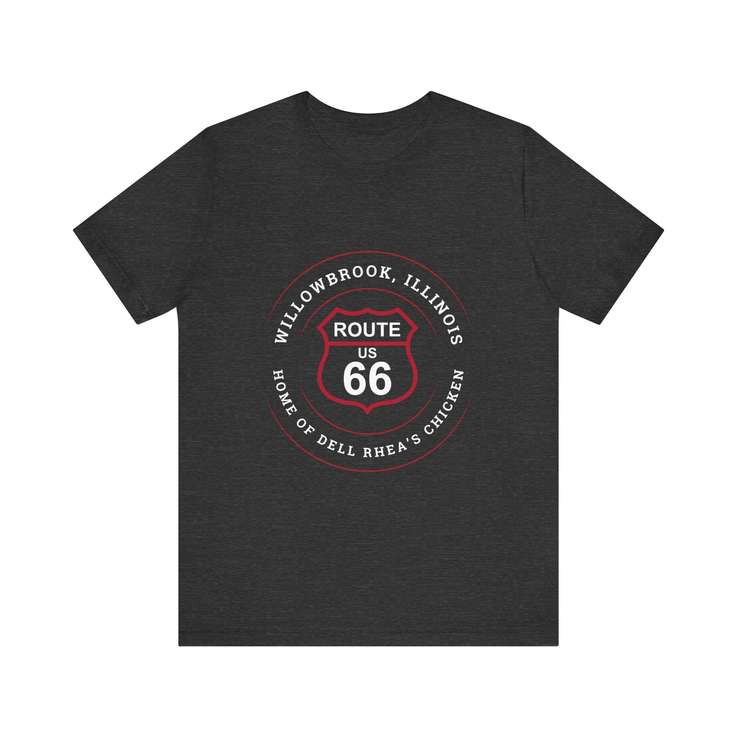Dark grey heather retro Route 66 unisex jersey tee with Willowbrook, IL: "Home of Dell Rhea's Chicken" design