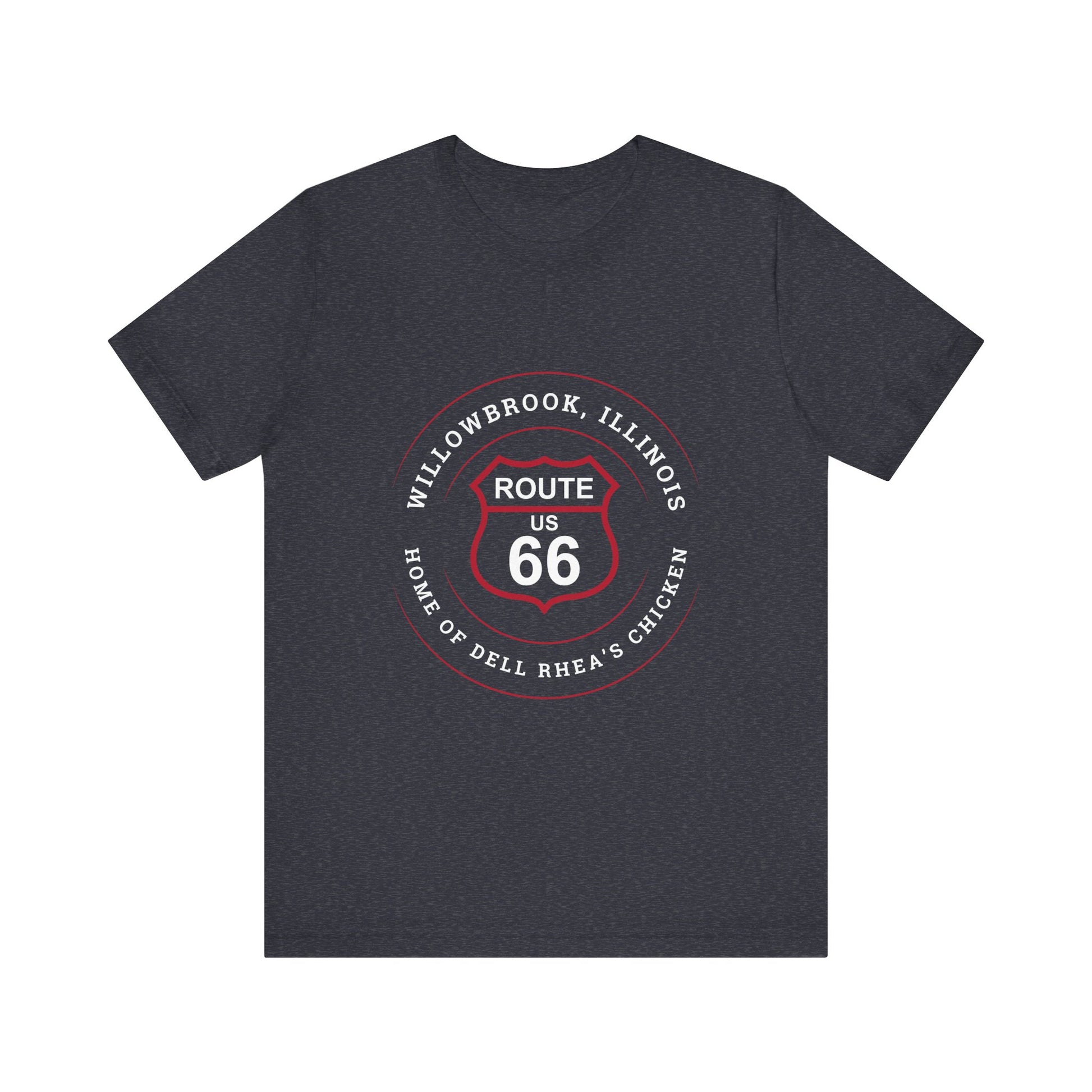 Heather navy retro Route 66 unisex jersey tee with Willowbrook, IL: "Home of Dell Rhea's Chicken" design