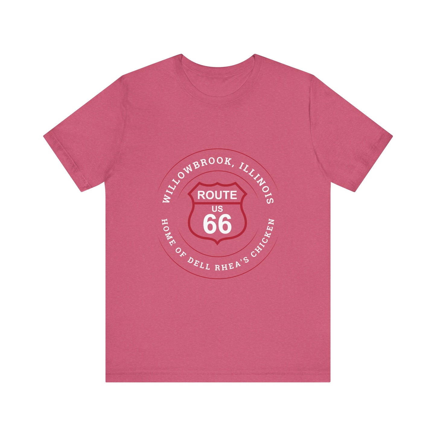 Heather raspberry retro Route 66 unisex jersey tee with Willowbrook, IL: "Home of Dell Rhea's Chicken" design