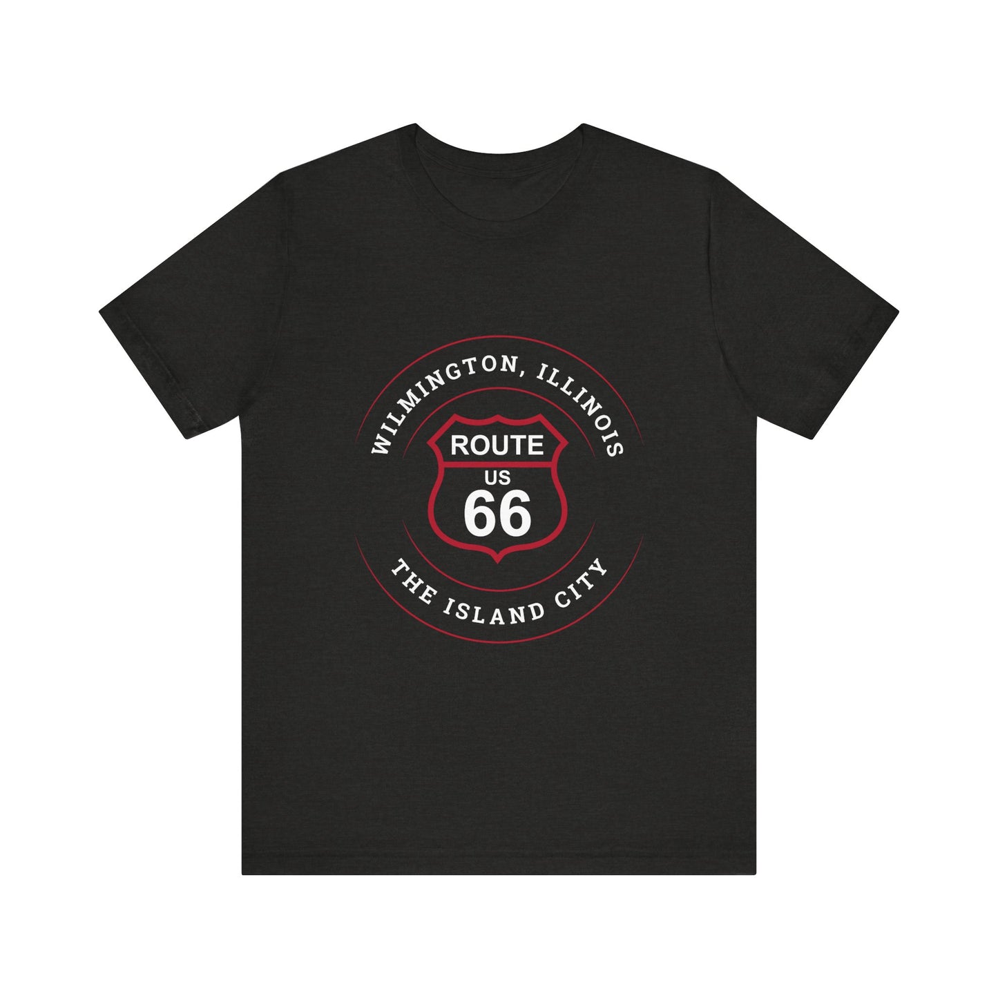 Black heather retro Route 66 unisex jersey tee with Wilmington, IL: "The Island City" design