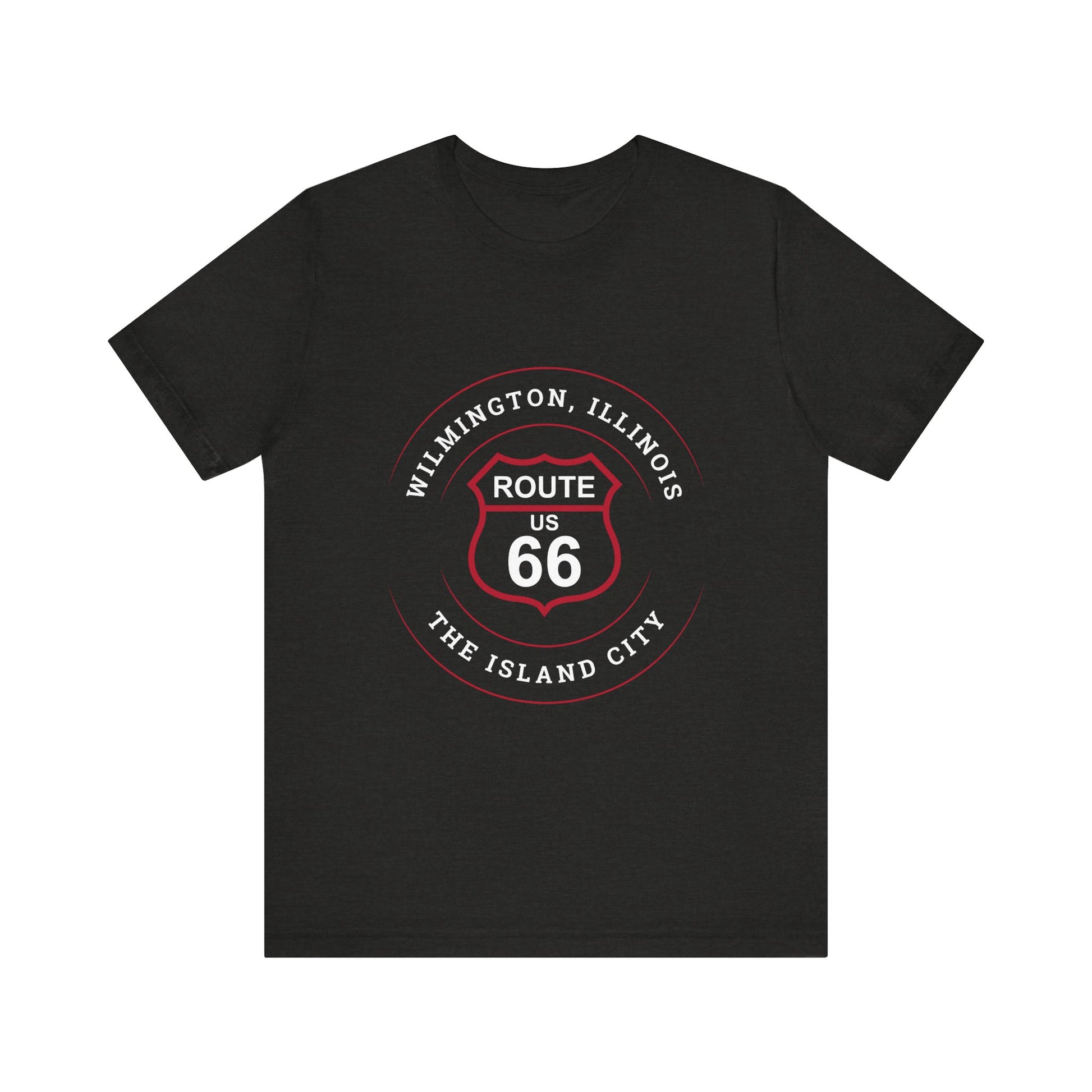 Black heather retro Route 66 unisex jersey tee with Wilmington, IL: "The Island City" design
