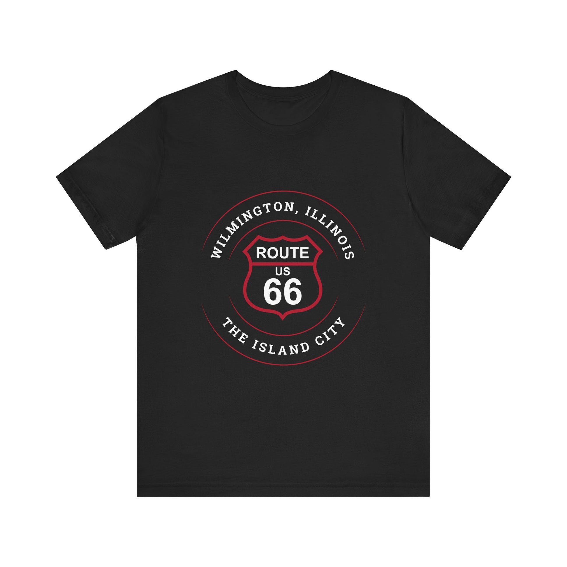 Black retro Route 66 unisex jersey tee with Wilmington, IL: "The Island City" design