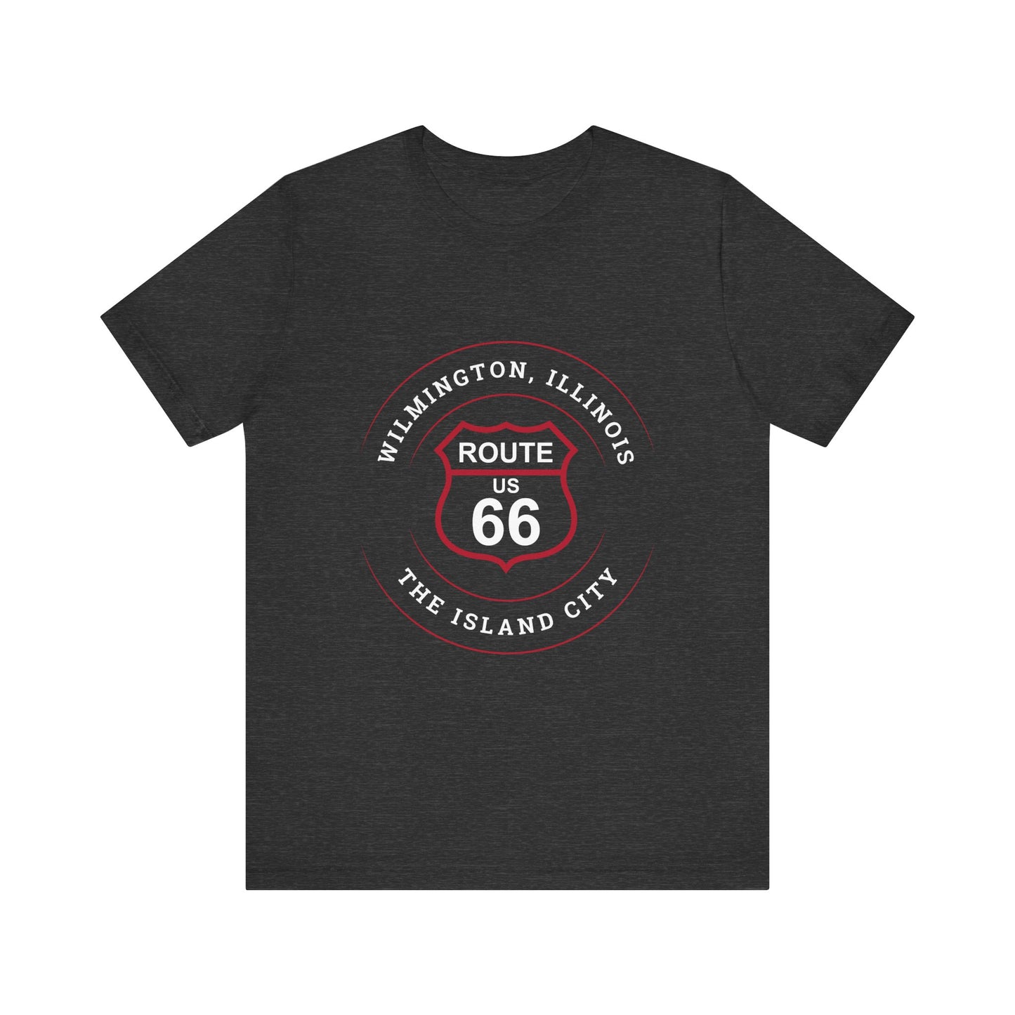 Dark grey heather retro Route 66 unisex jersey tee with Wilmington, IL: "The Island City" design
