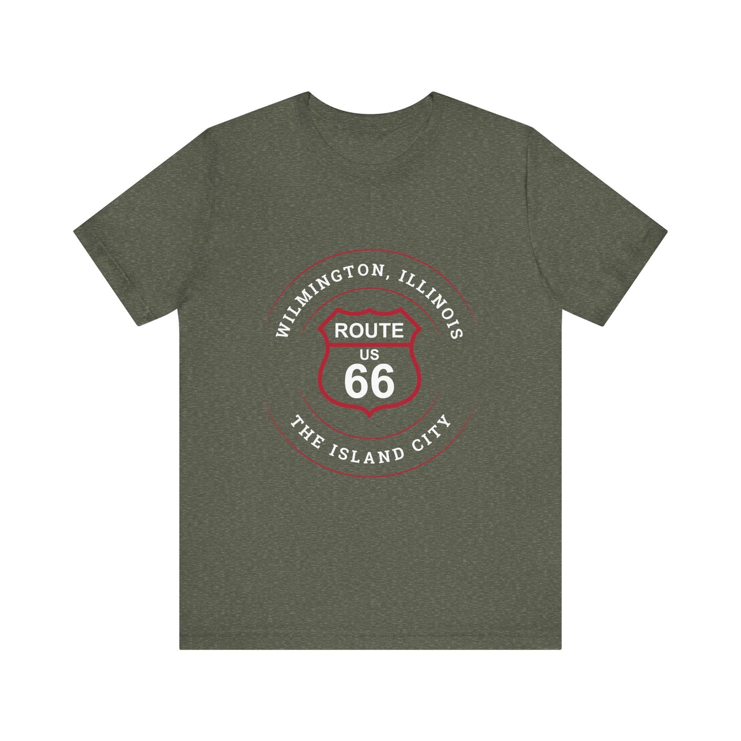 Heather military green retro Route 66 unisex jersey tee with Wilmington, IL: "The Island City" design