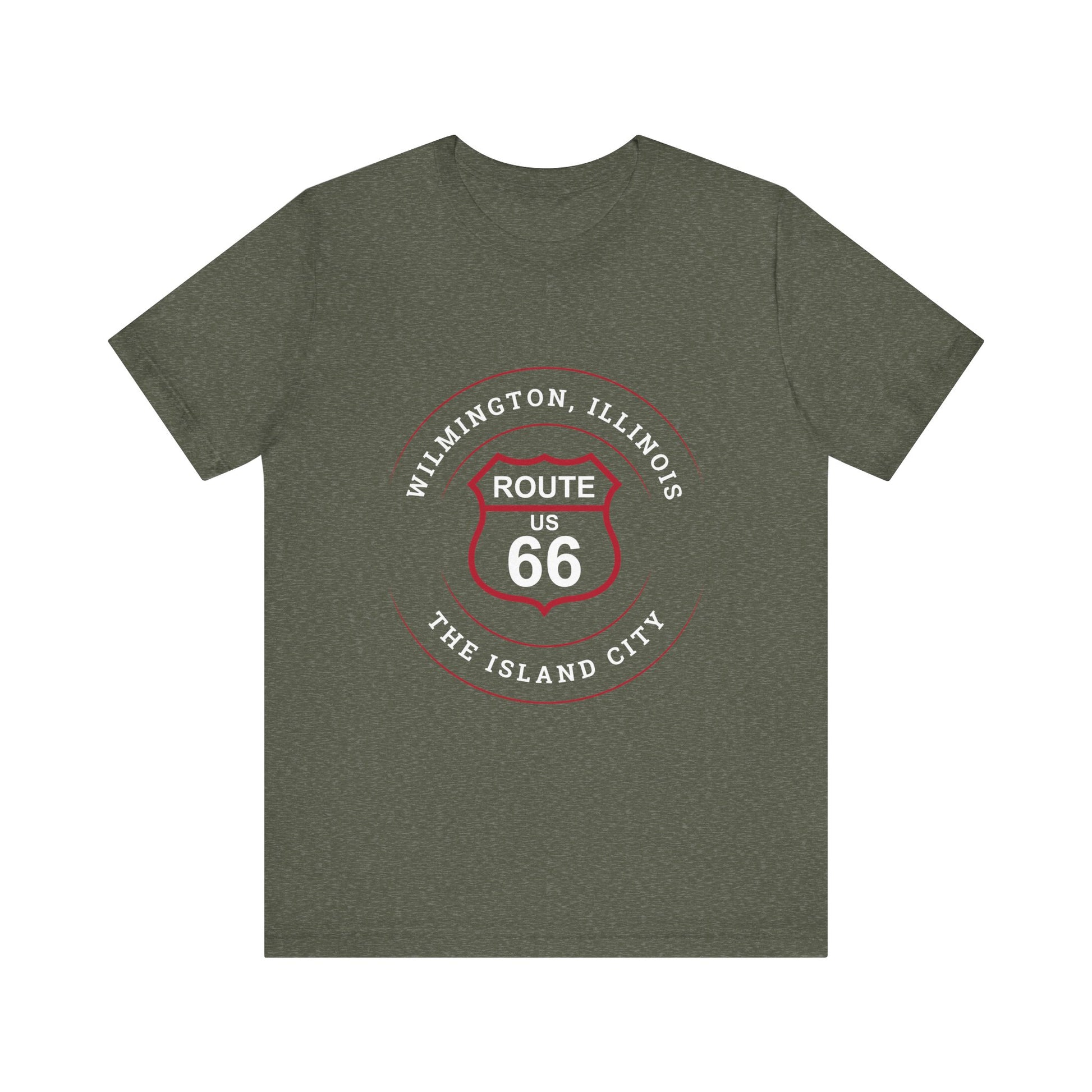 Heather military green retro Route 66 unisex jersey tee with Wilmington, IL: "The Island City" design