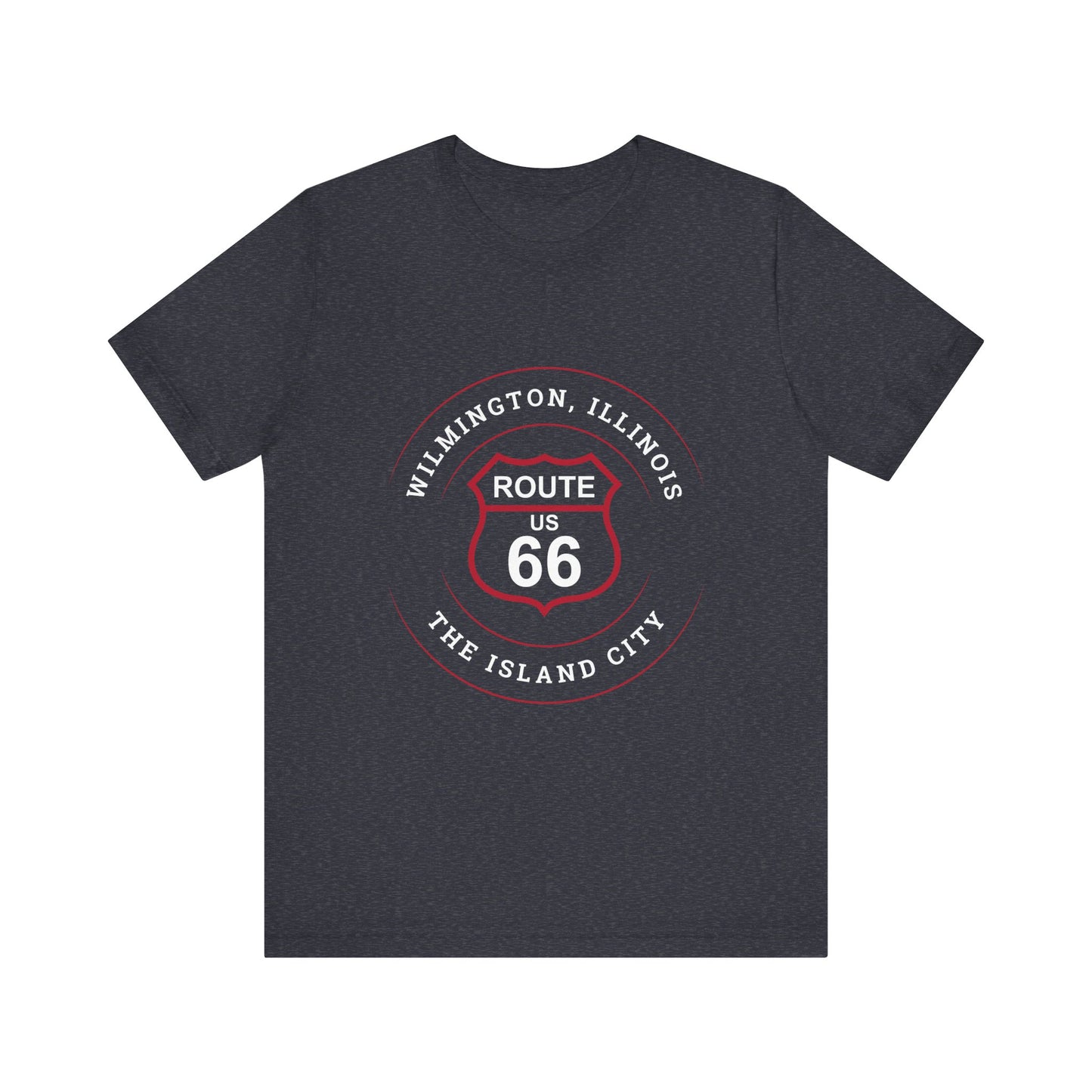 Heather navy retro Route 66 unisex jersey tee with Wilmington, IL: "The Island City" design