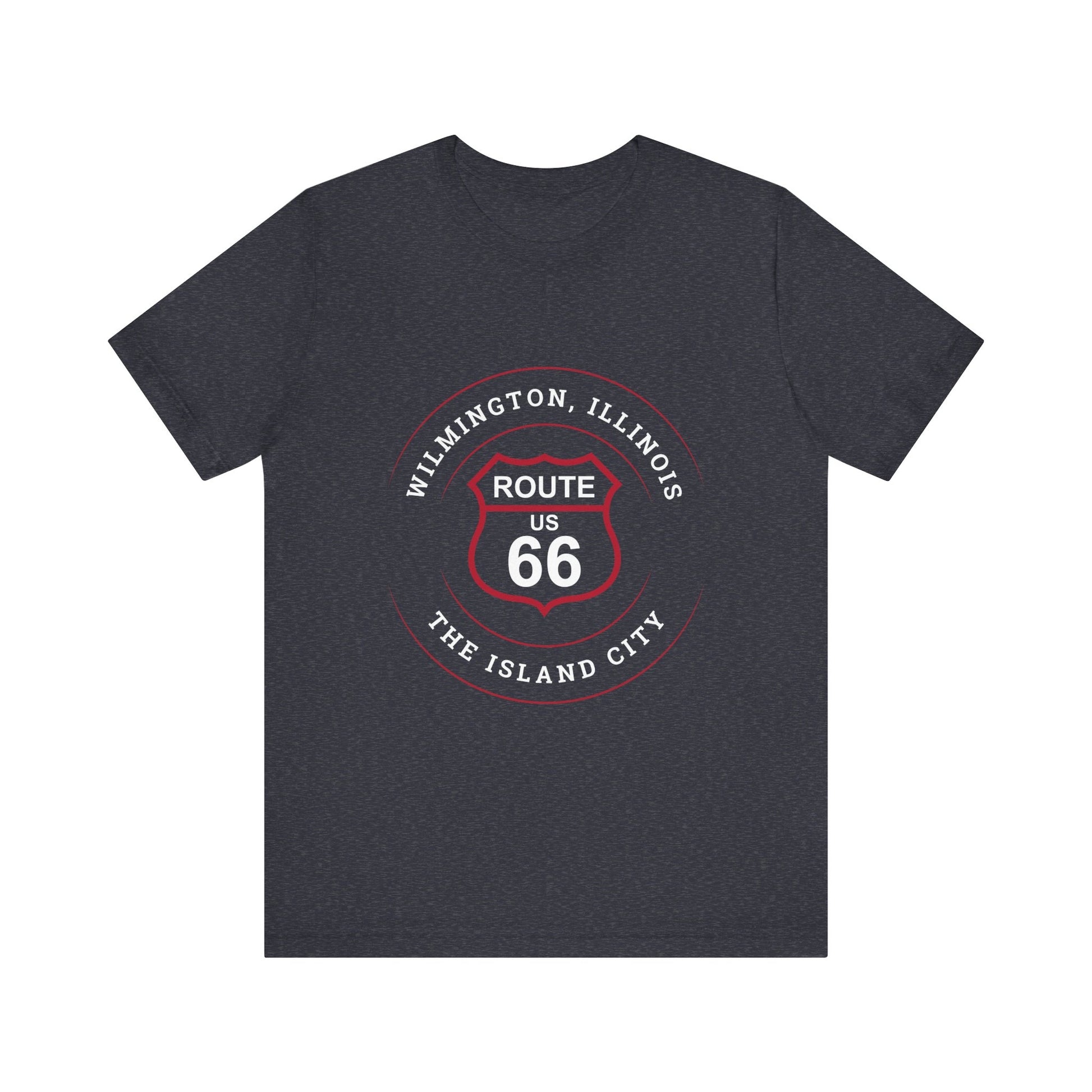 Heather navy retro Route 66 unisex jersey tee with Wilmington, IL: "The Island City" design