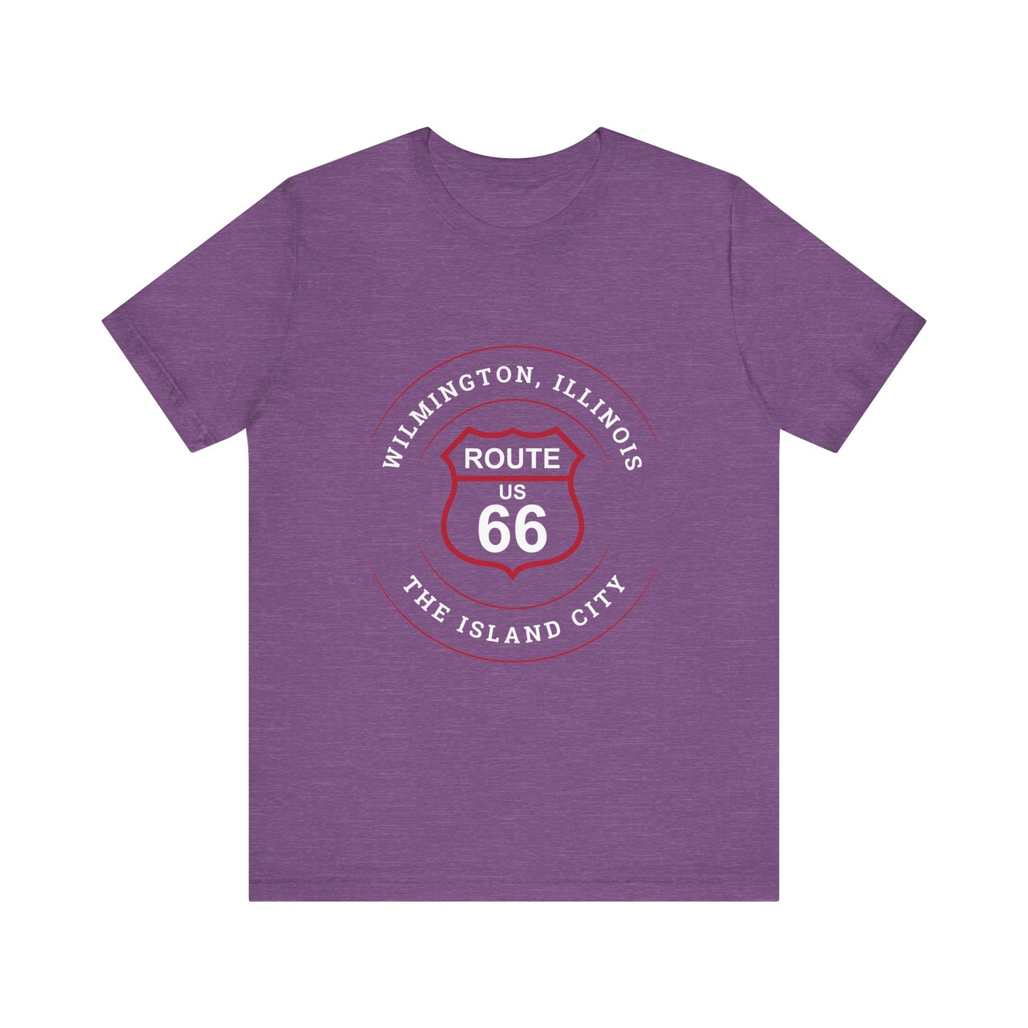 Heather team purple retro Route 66 unisex jersey tee with Wilmington, IL: "The Island City" design