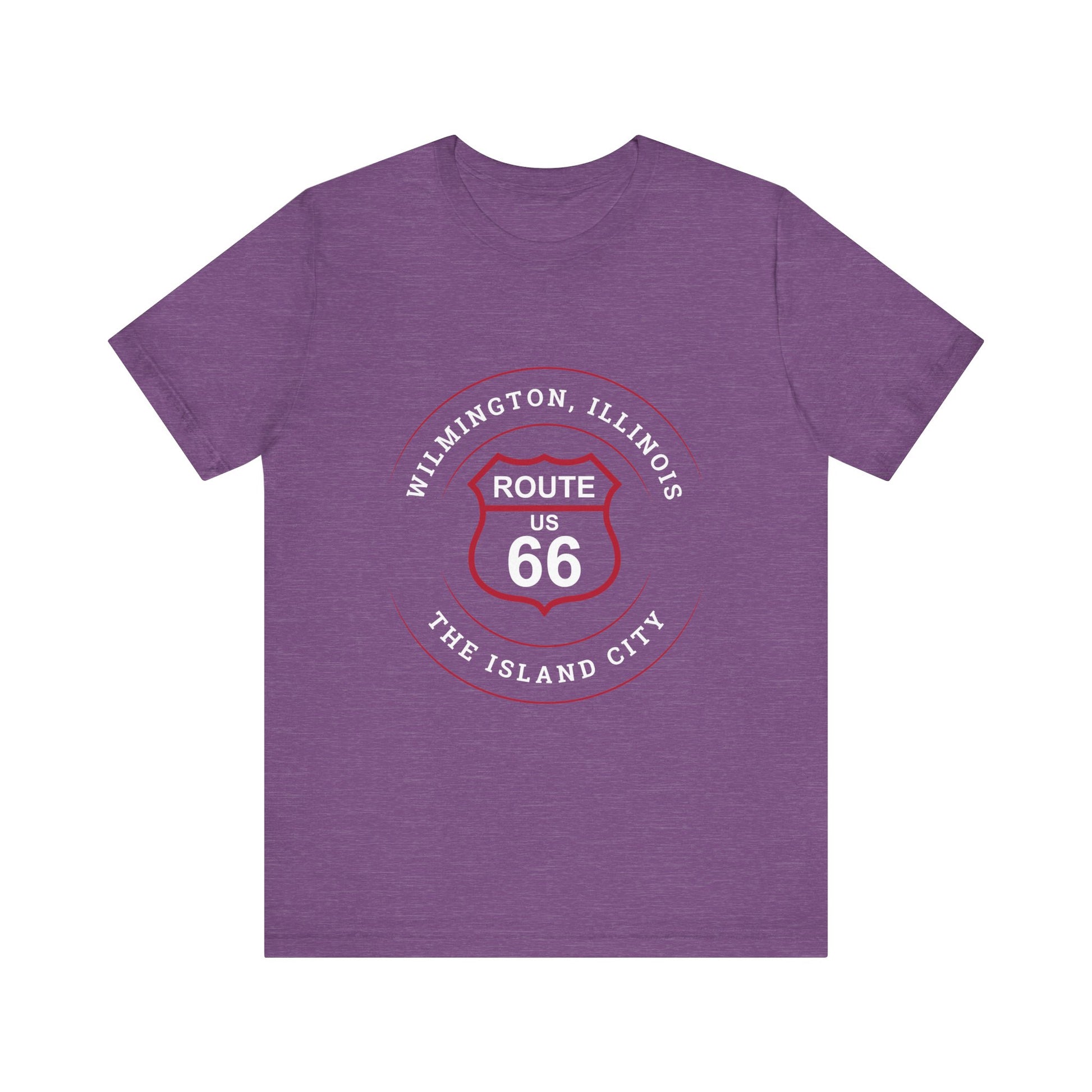 Heather team purple retro Route 66 unisex jersey tee with Wilmington, IL: "The Island City" design