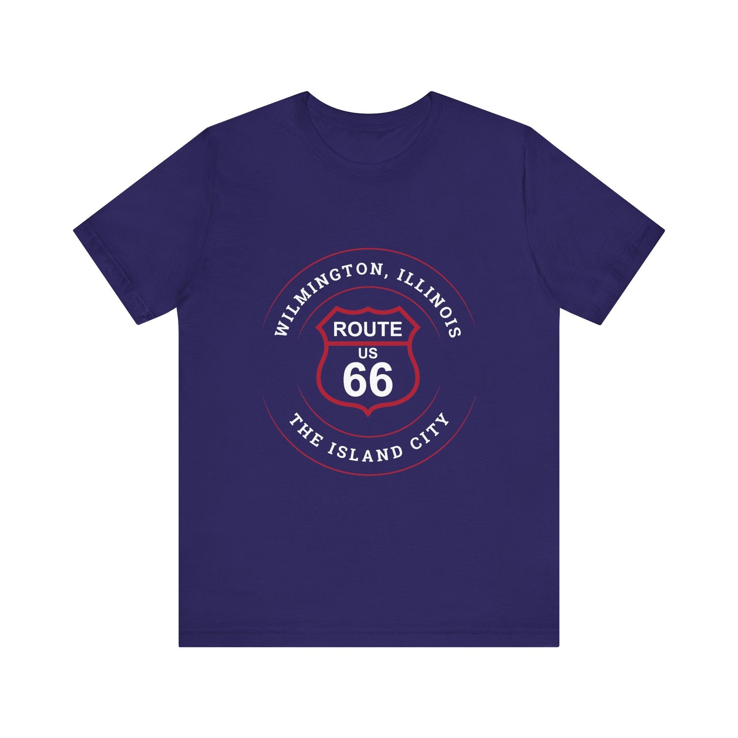 Team navy retro Route 66 unisex jersey tee with Wilmington, IL: "The Island City" design