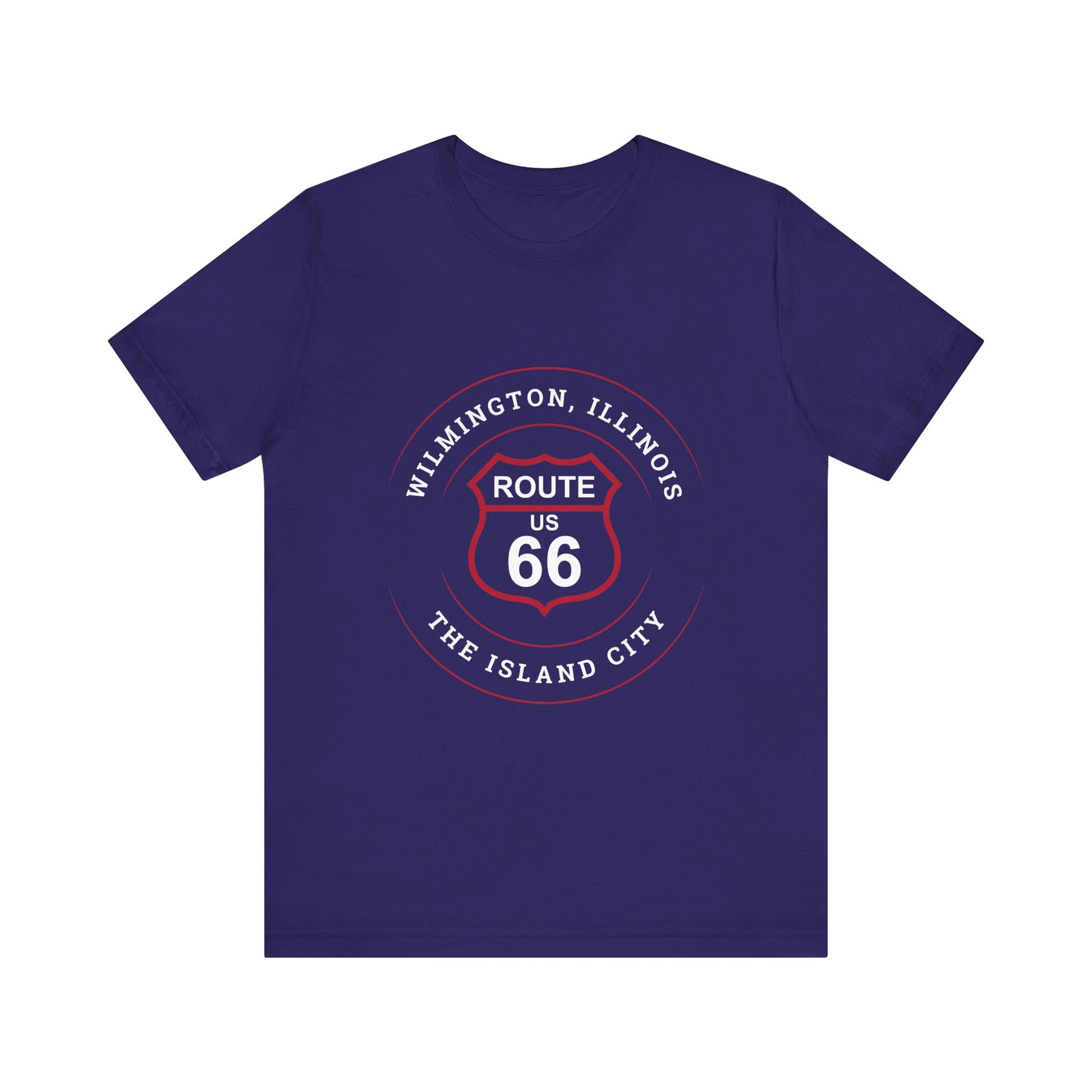 Team navy retro Route 66 unisex jersey tee with Wilmington, IL: "The Island City" design
