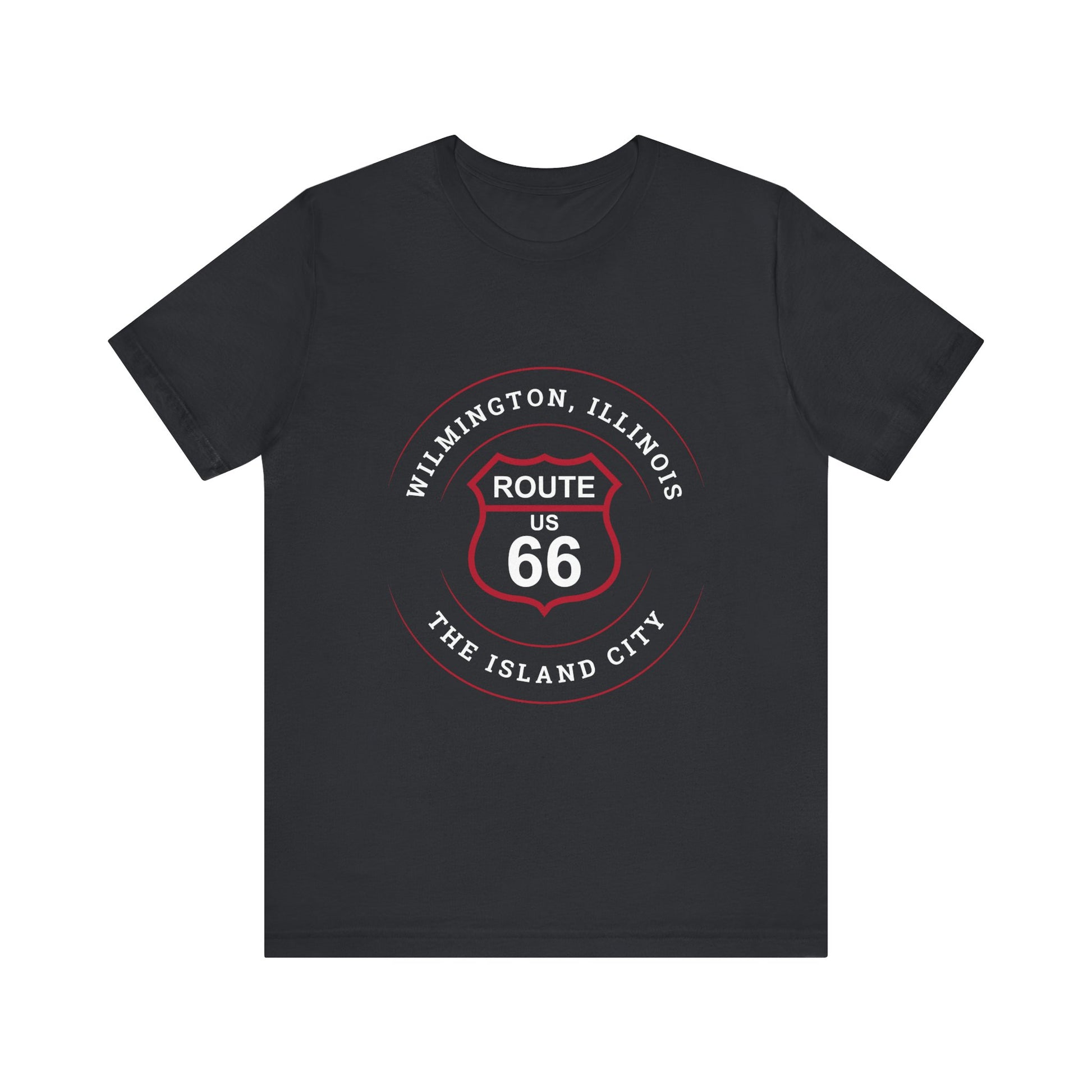 Vintage black retro Route 66 unisex jersey tee with Wilmington, IL: "The Island City" design