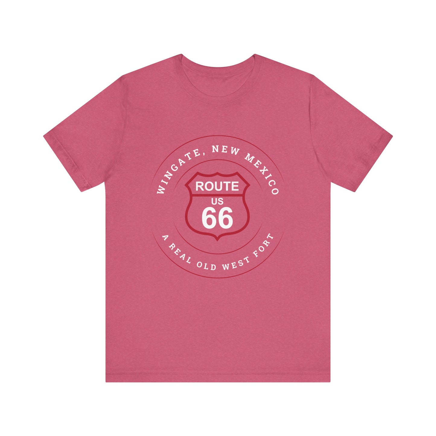 Heather raspberry retro Route 66 unisex jersey tee with Wingate, NM: "A Real Old West Fort" design