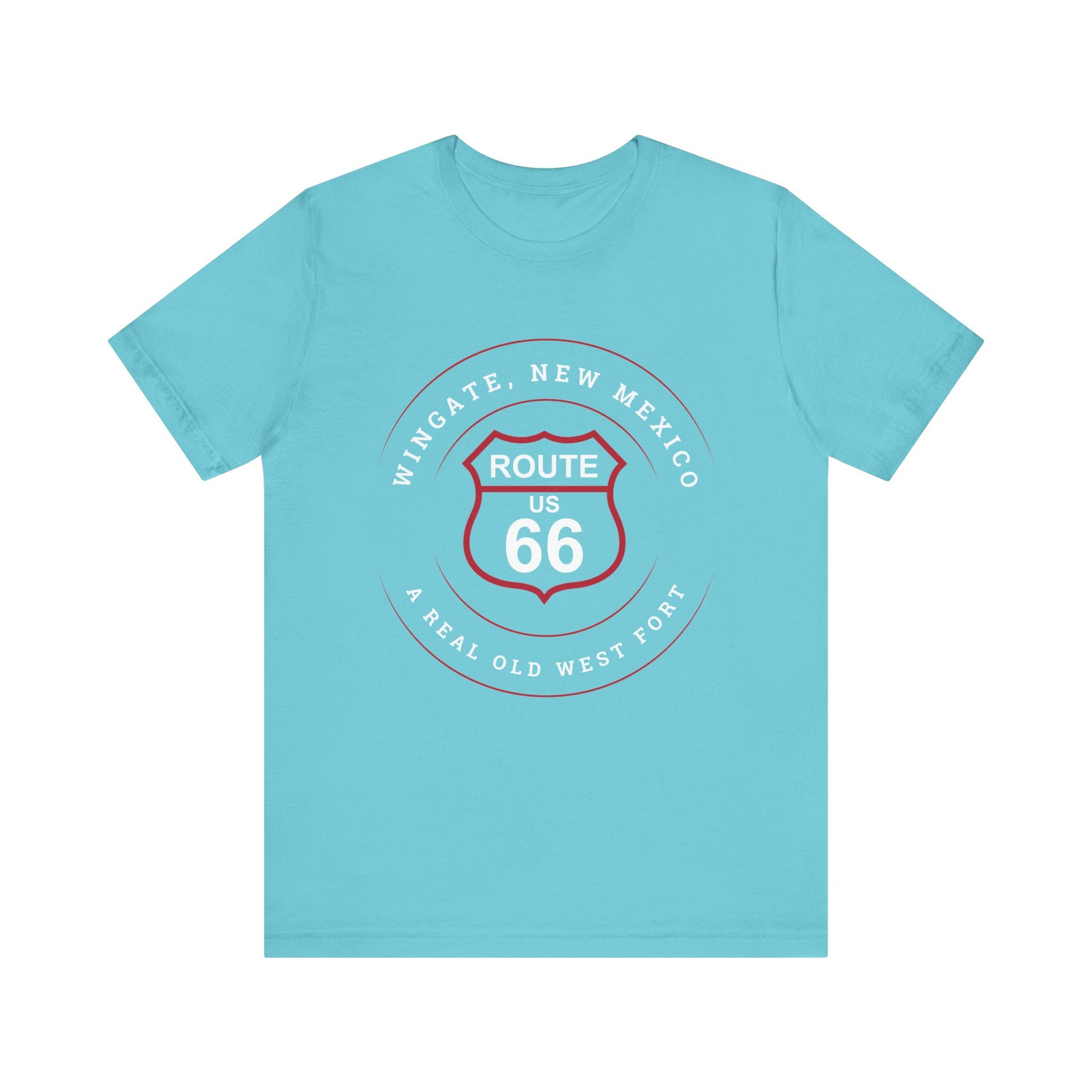 Turquoise retro Route 66 unisex jersey tee with Wingate, NM: "A Real Old West Fort" design