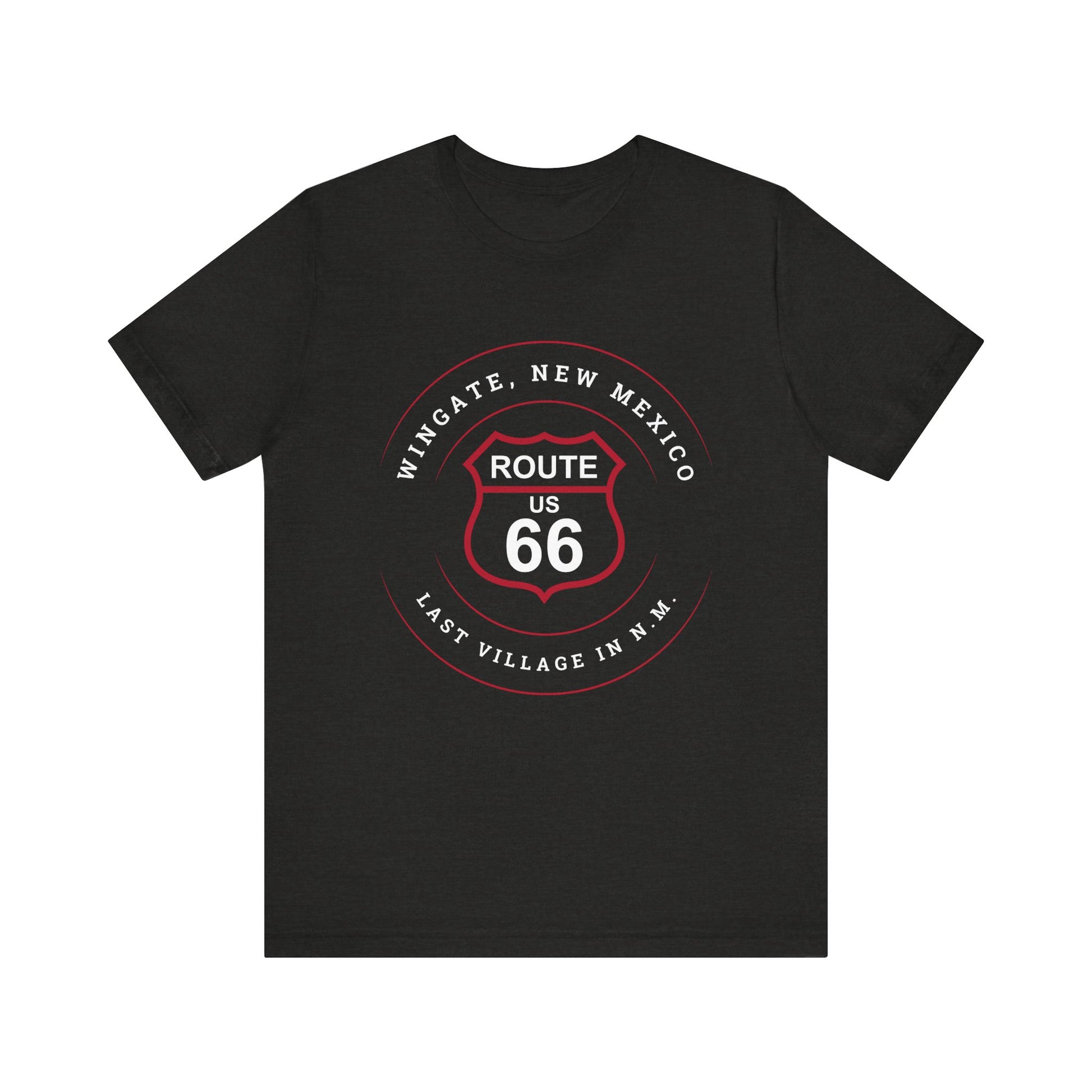 Black heather retro Route 66 unisex jersey tee with Wingate, NM: "Last Village in N.M." design