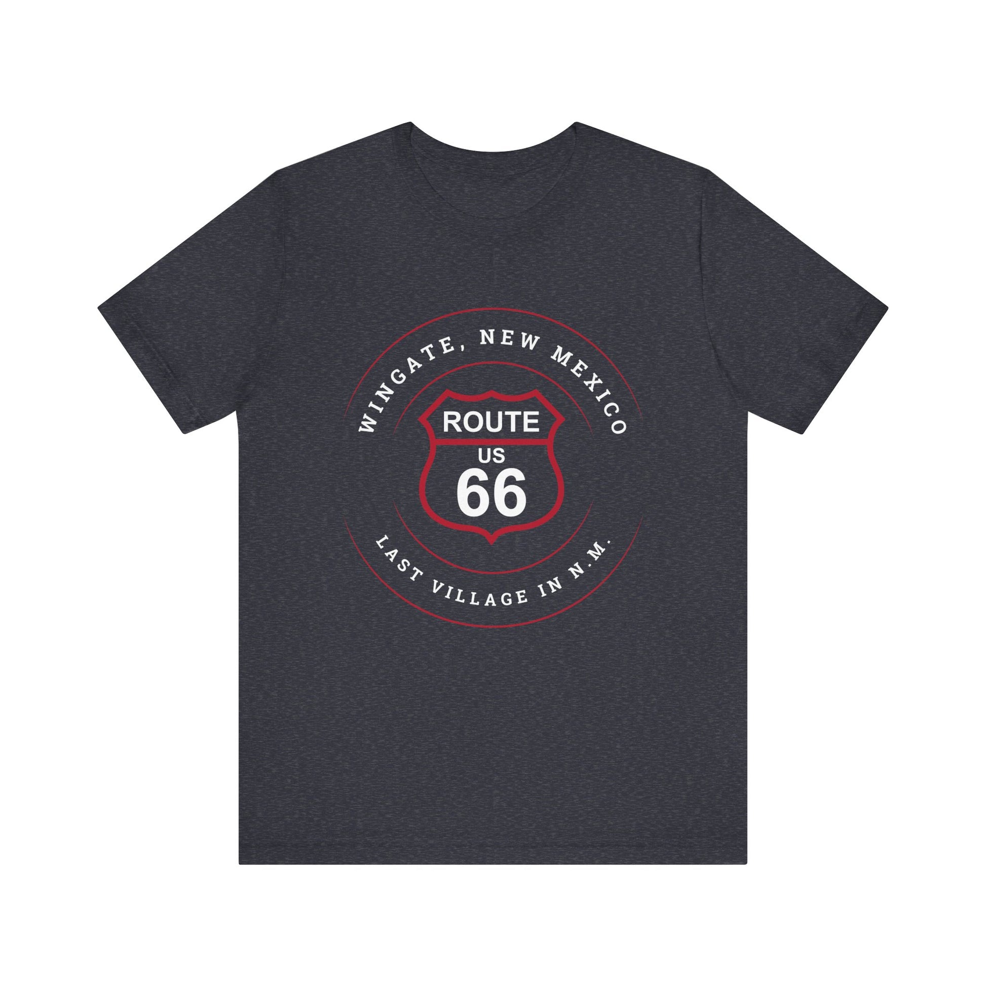 Dark grey heather retro Route 66 unisex jersey tee with Wingate, NM: "Last Village in N.M." design