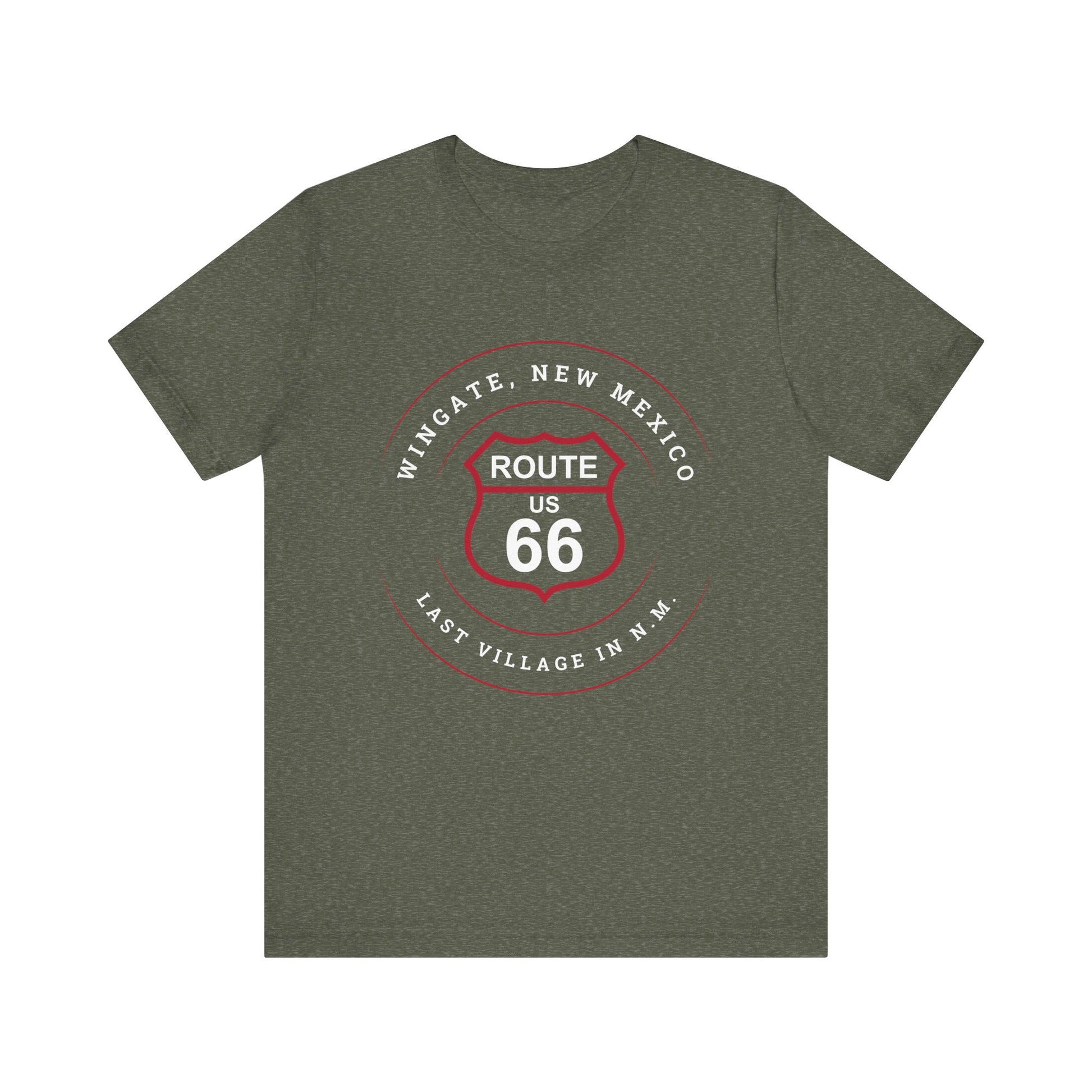 Heather military green retro Route 66 unisex jersey tee with Wingate, NM: "Last Village in N.M." design
