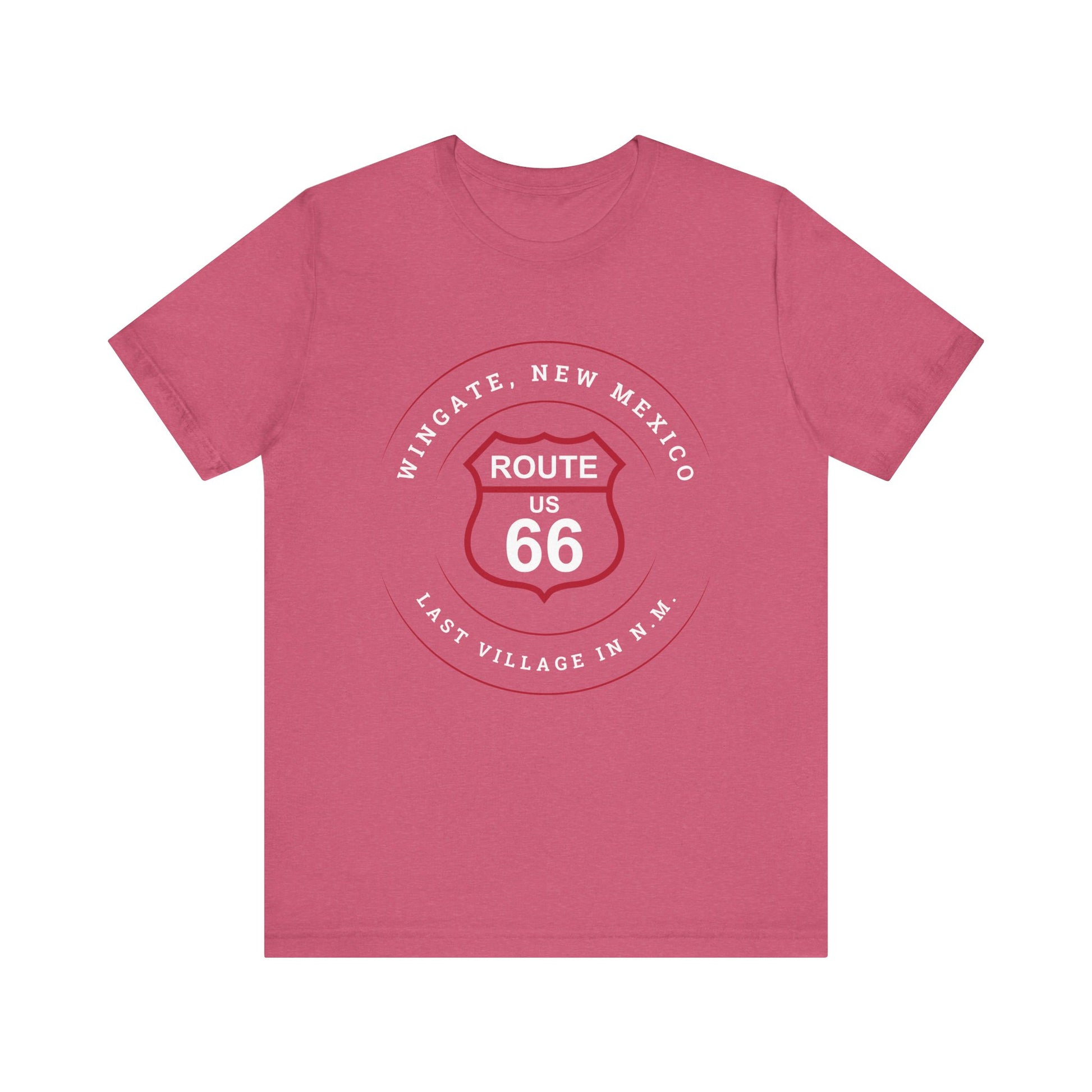 Heather raspberry retro Route 66 unisex jersey tee with Wingate, NM: "Last Village in N.M." design