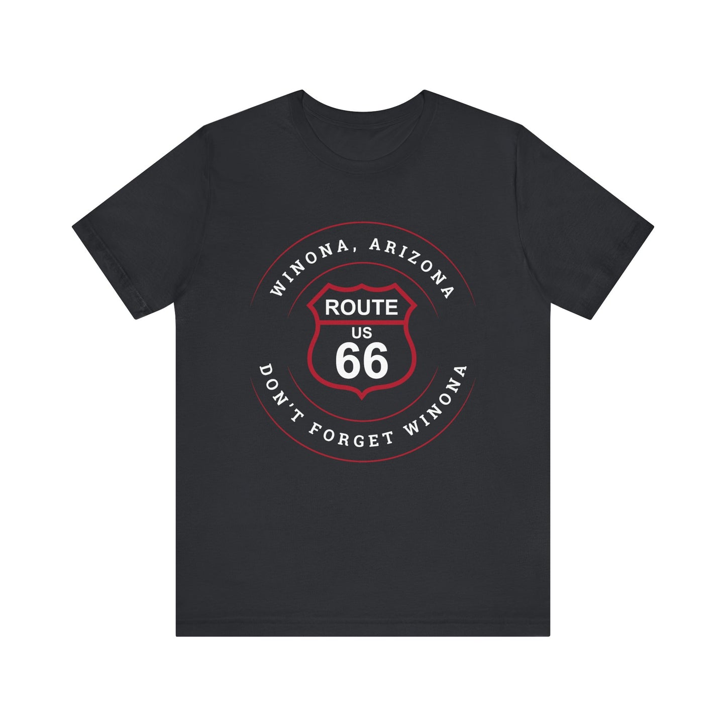 Vintage black retro Route 66 unisex jersey tee with Winona, AZ: "Don't Forget Winona" design