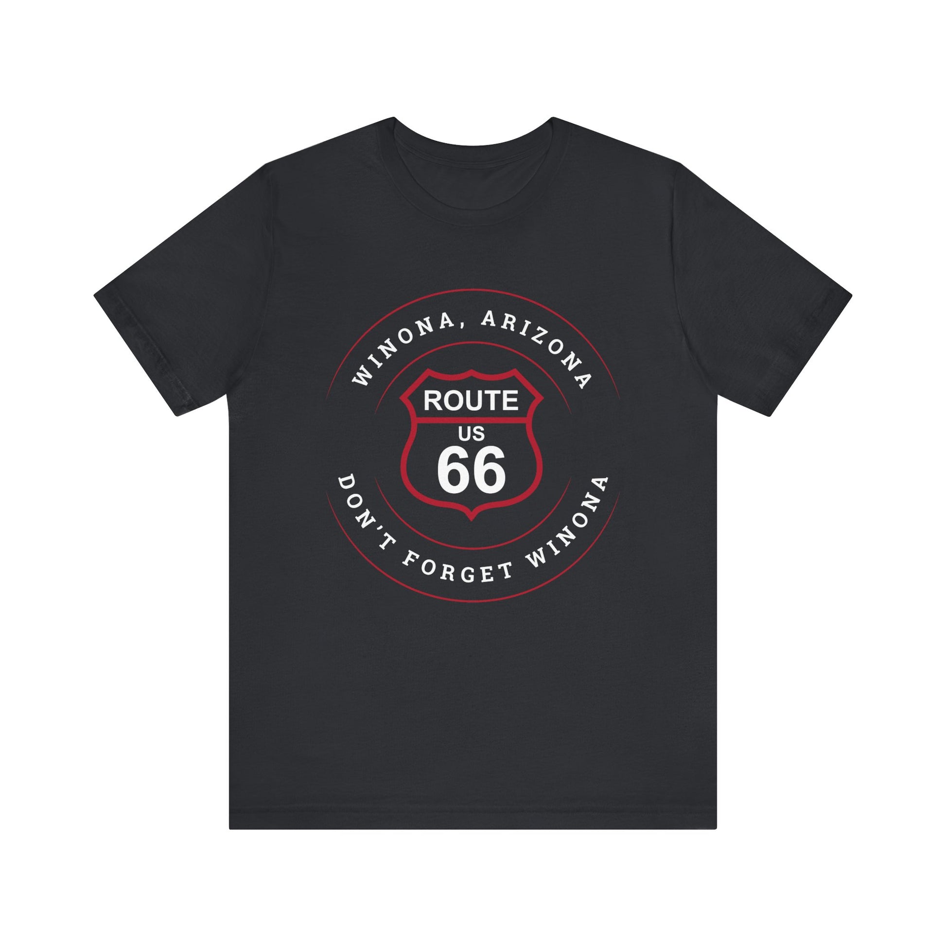 Vintage black retro Route 66 unisex jersey tee with Winona, AZ: "Don't Forget Winona" design