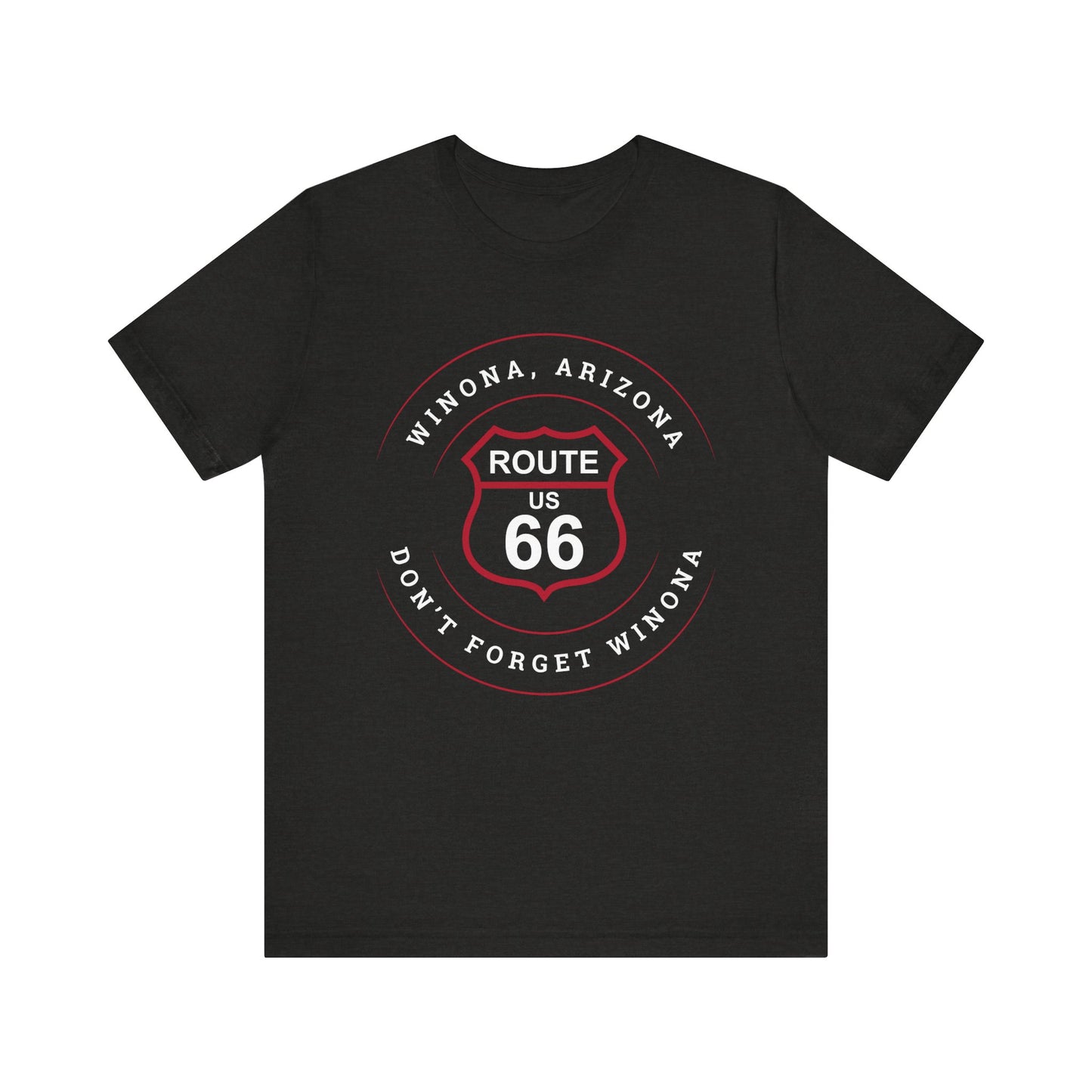 Black heather retro Route 66 unisex jersey tee with Winona, AZ: "Don't Forget Winona" design