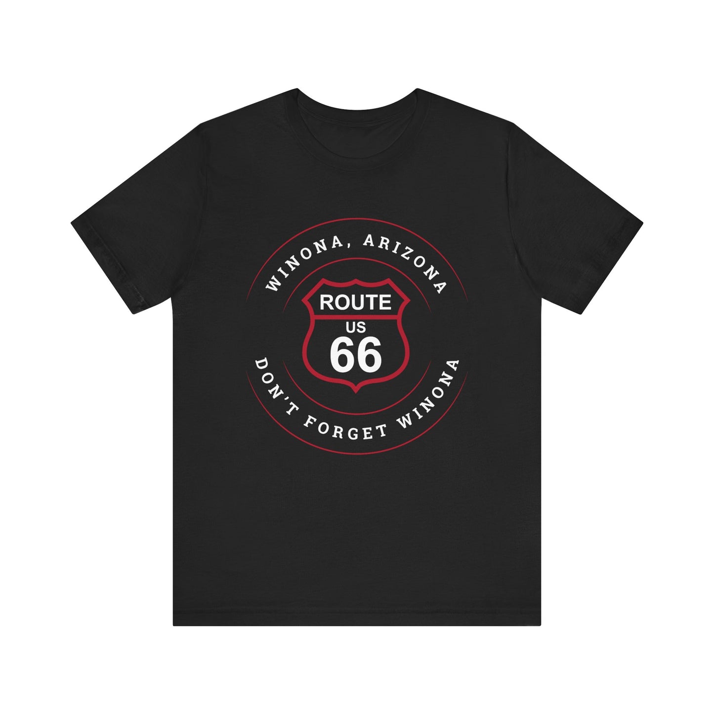 Black retro Route 66 unisex jersey tee with Winona, AZ: "Don't Forget Winona" design